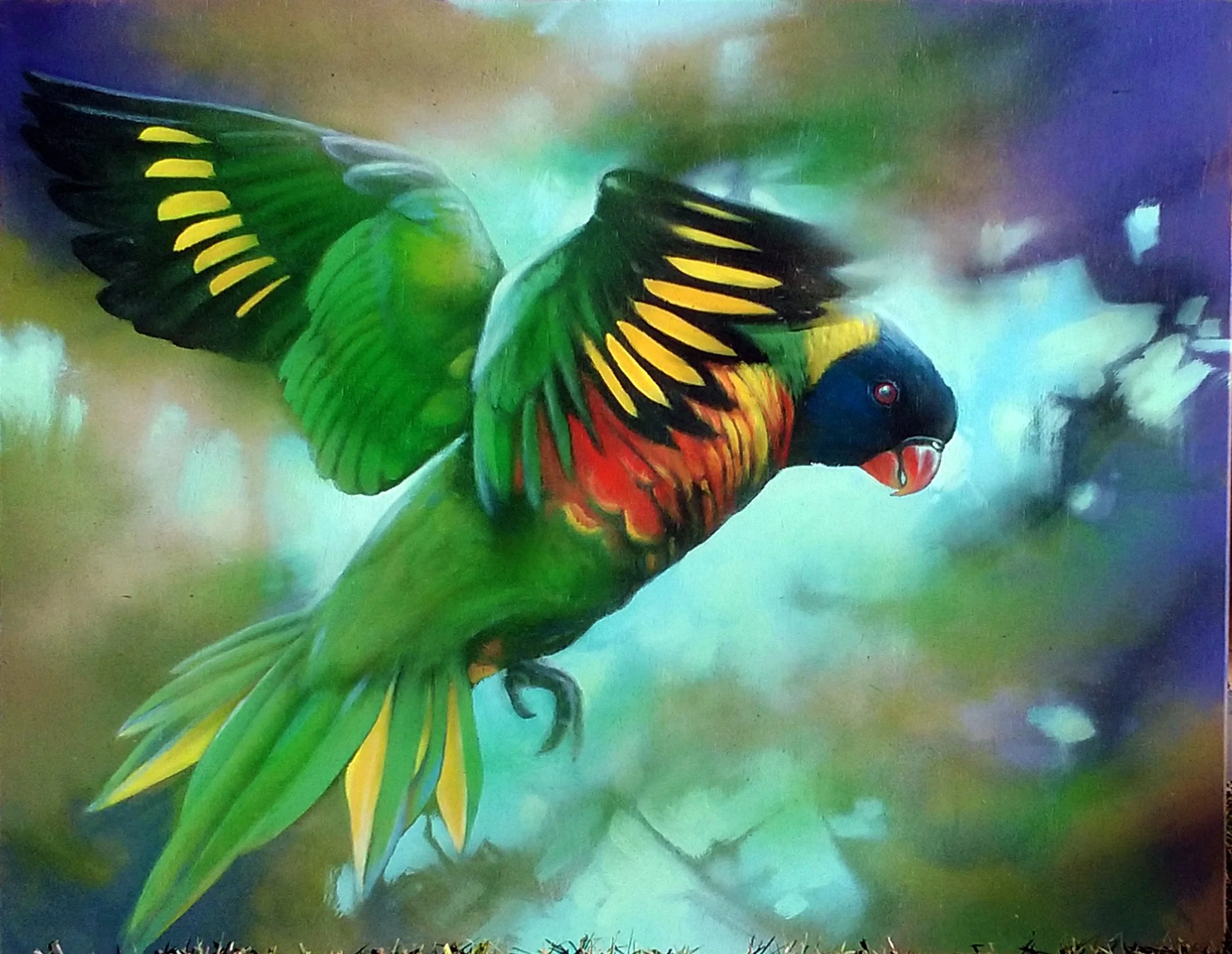 Stylised Rainbow Lorikeet painted on a board for a private residence to the north of Brisbane.