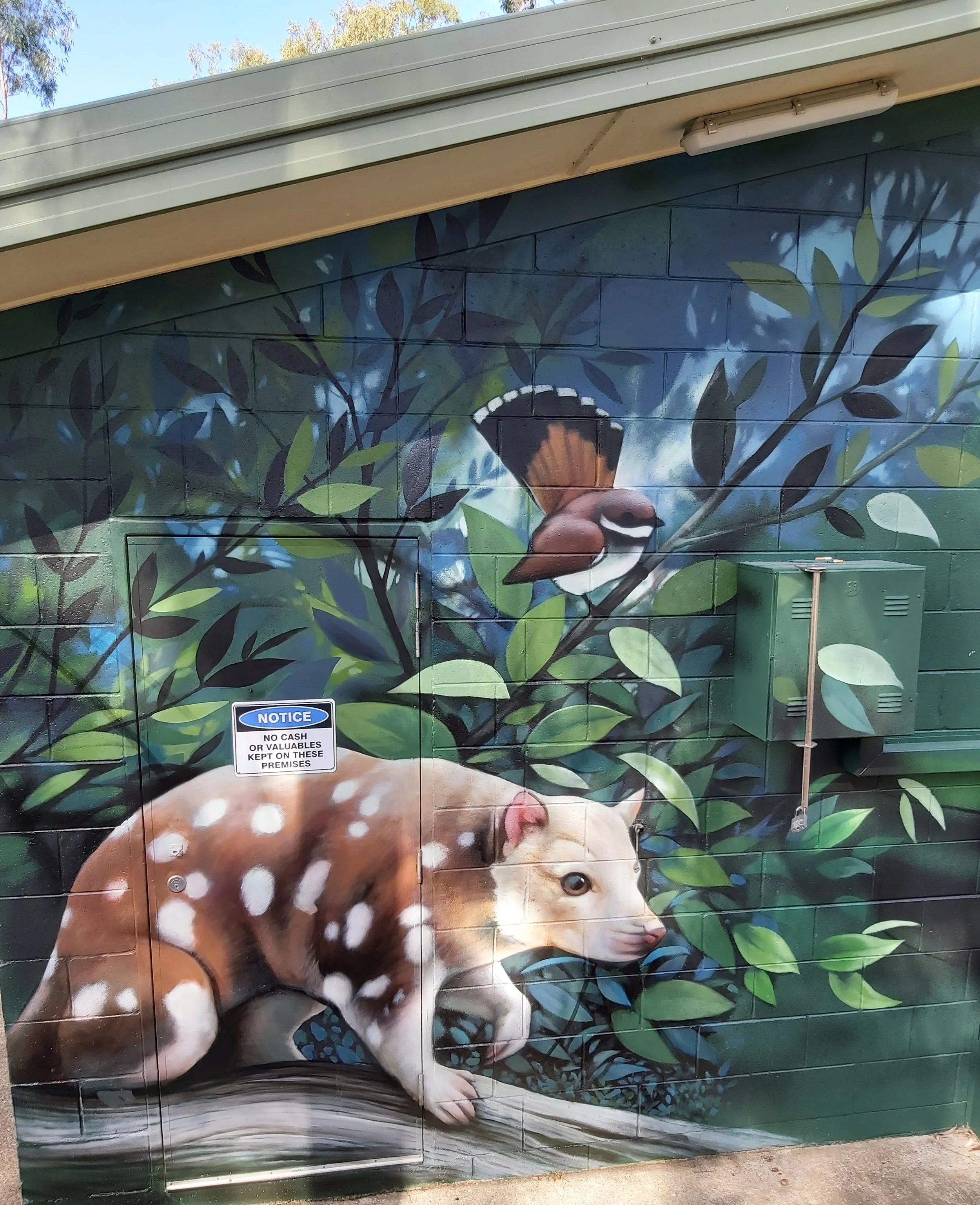 Forest scene painted with native animals including Fantails and a Quoll at a park in Kingston to the south of Brisbane.