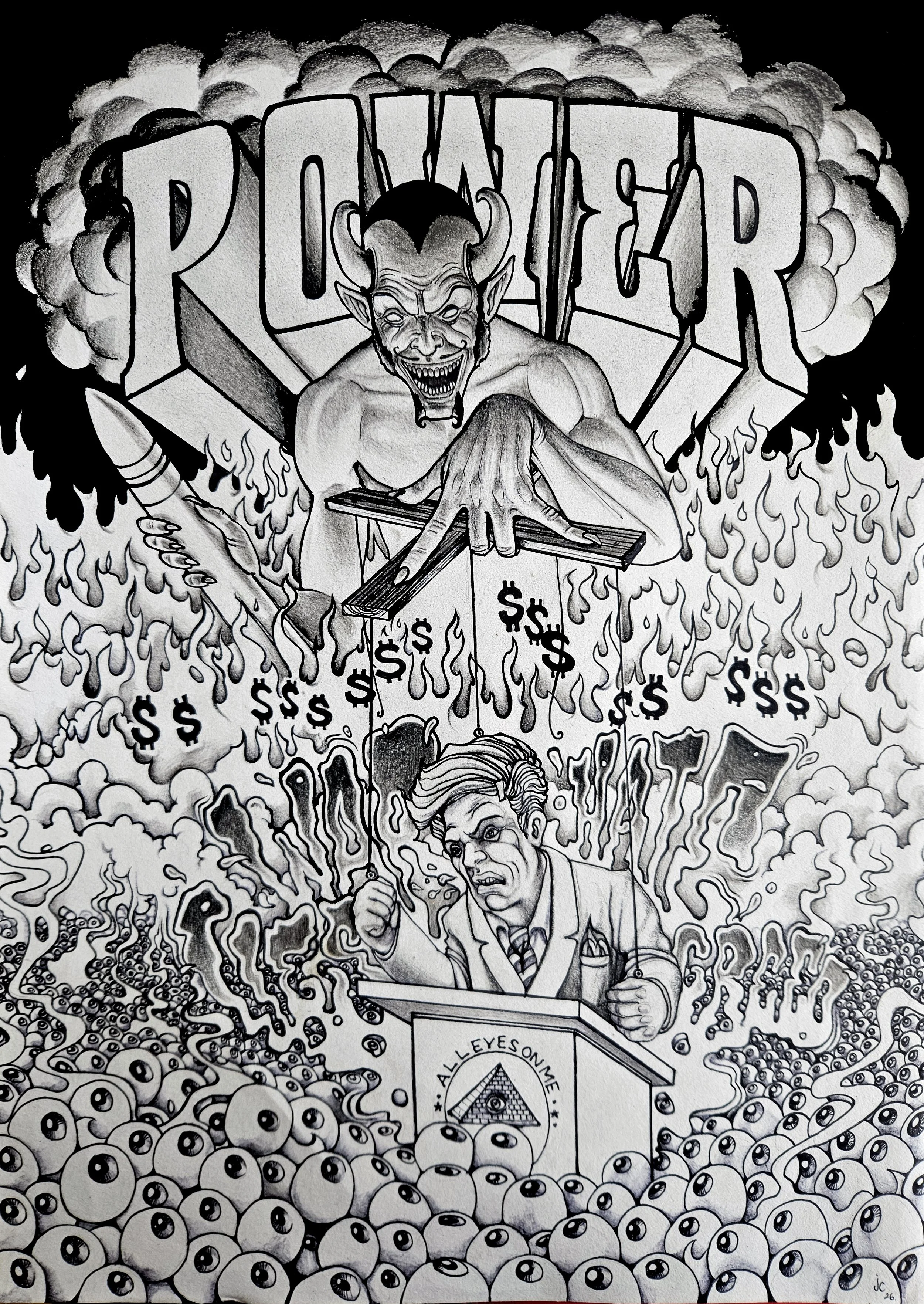 "Power"pen and pencil illustration for artshow called "Defilements of the mind".