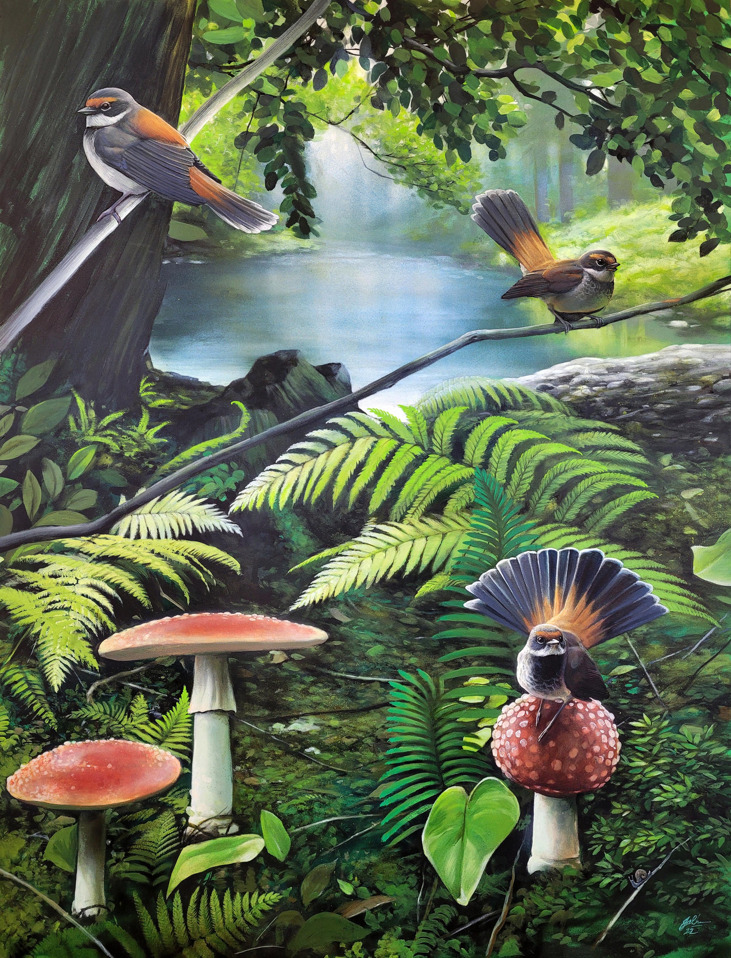 Close up a Fantails scene painted on a board to be placed at a park in Kingston, to the south of Brisbane. This painting was photographed and printed on a board as a part of a toilet block refurbishment. 