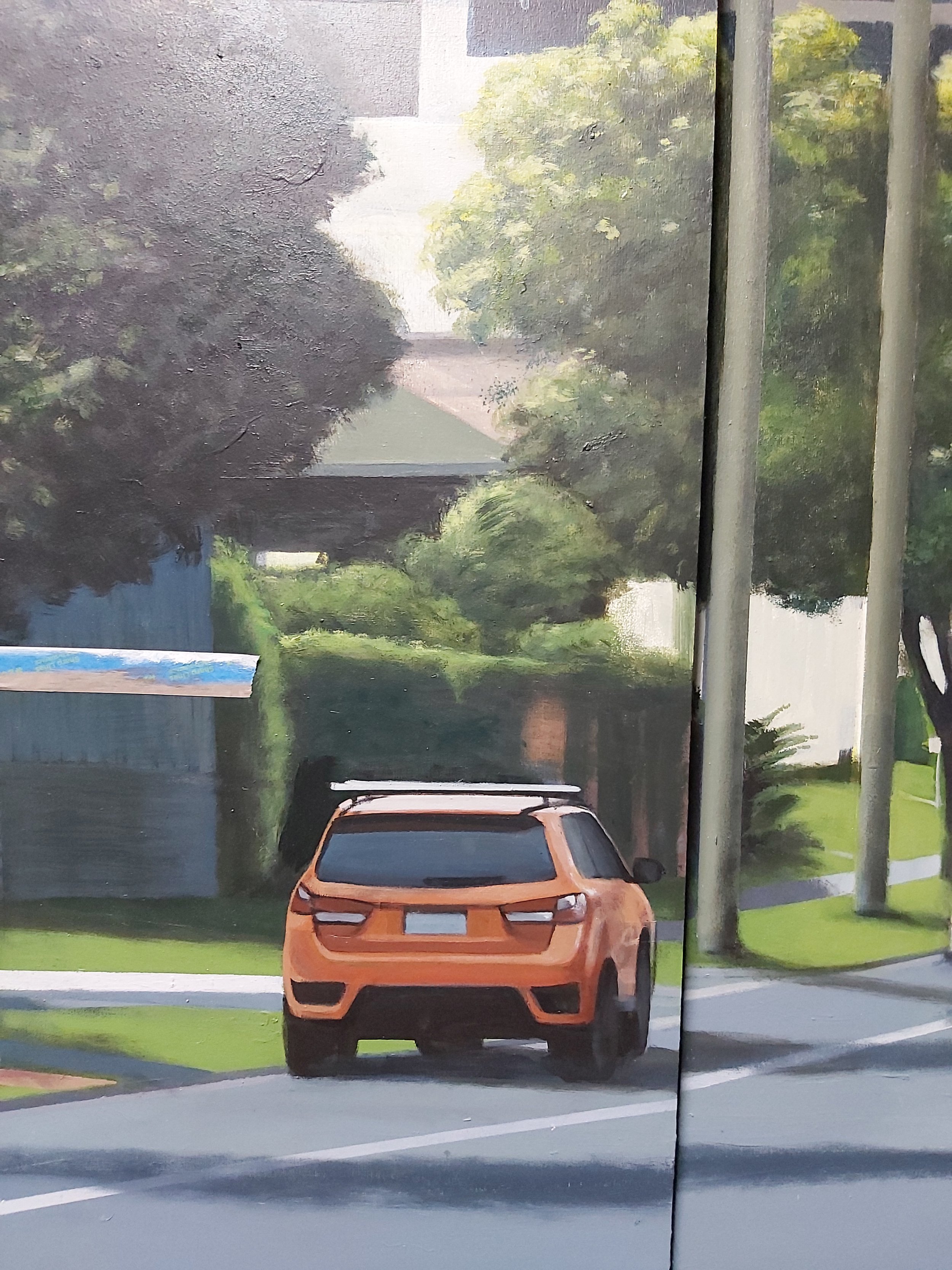 Even closer view of a painting looking up Chatswood road towards Daisy Hill, a suburb to the south of Brisbane.