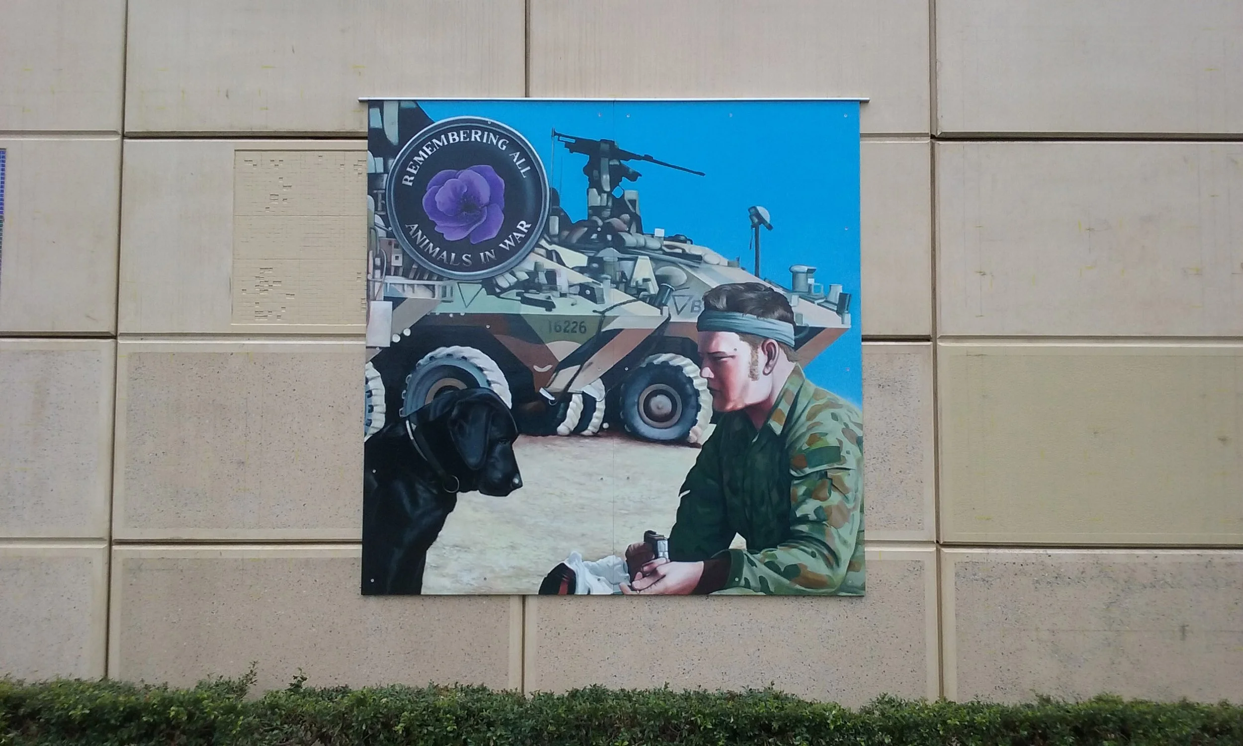 Dogs at war. Painted on boards and placed at Hillcrest, to the south of Brisbane.
As a part of a RSL memorial.