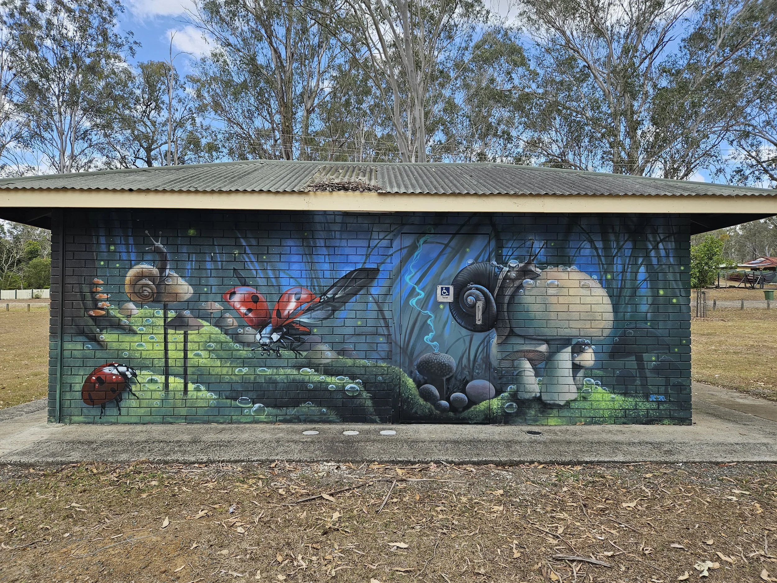 Microcosm scene featuring Snails and Bugs painted at a park in Cedar Grove, to the south of Brisbane.