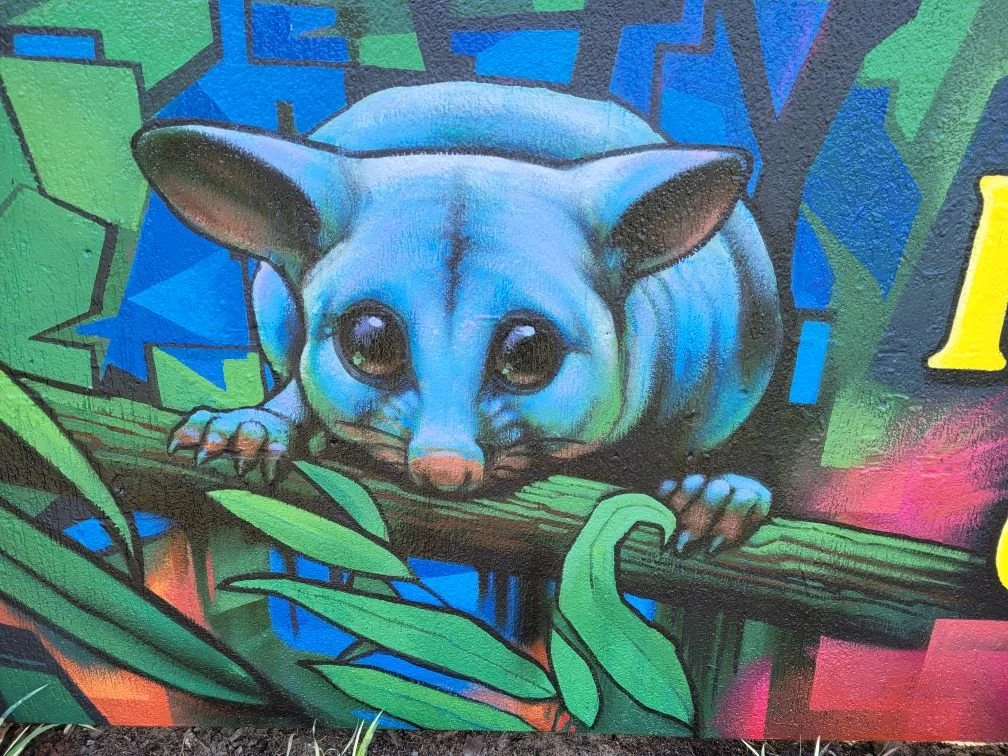 Close up of a stylised Possum painted on an entry gate at Heritage Park, to the south of Brisbane.