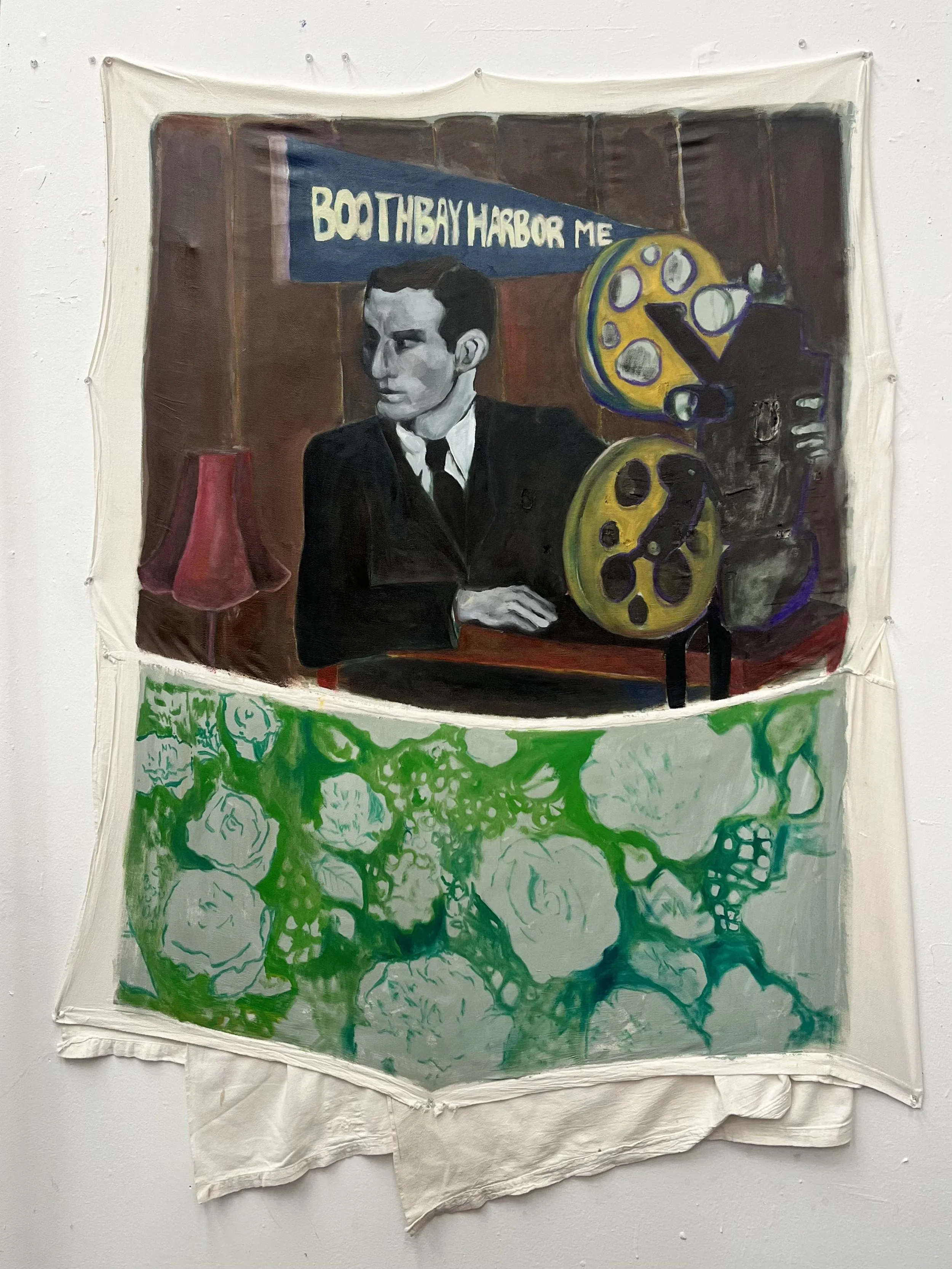 Like Watching Green Carnations
Oil paint and pastel on found object: 1930s depression-era feed sack cloth
2025