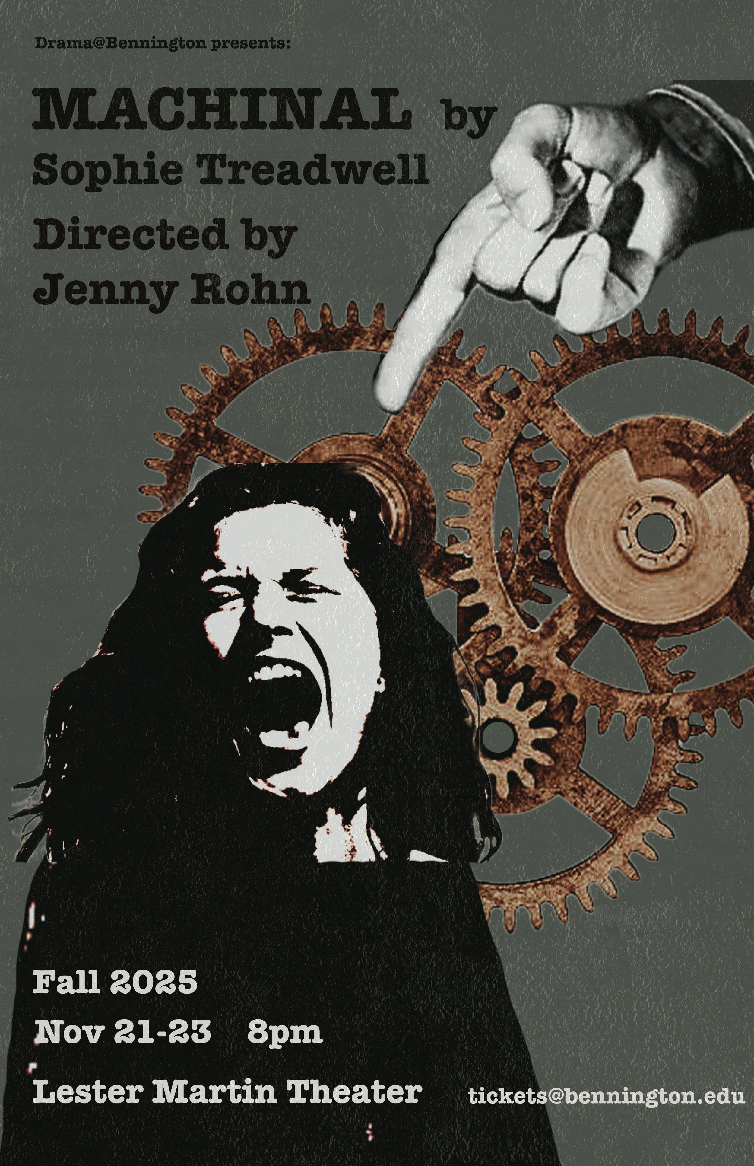 Digital collage poster for faculty production of Machinal by Sophie Treadwell, 2025.