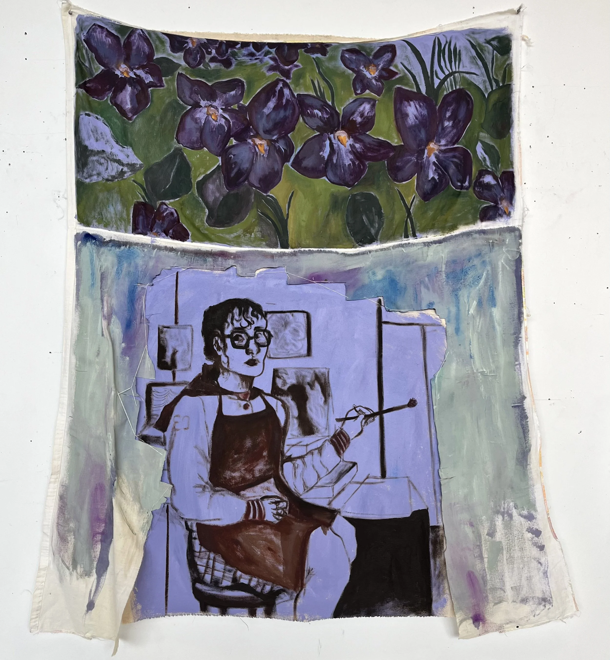 for many crowns of violets and roses
Oil and acrylic paint on found object: 1930s depression-era feed sack cloth
2025
