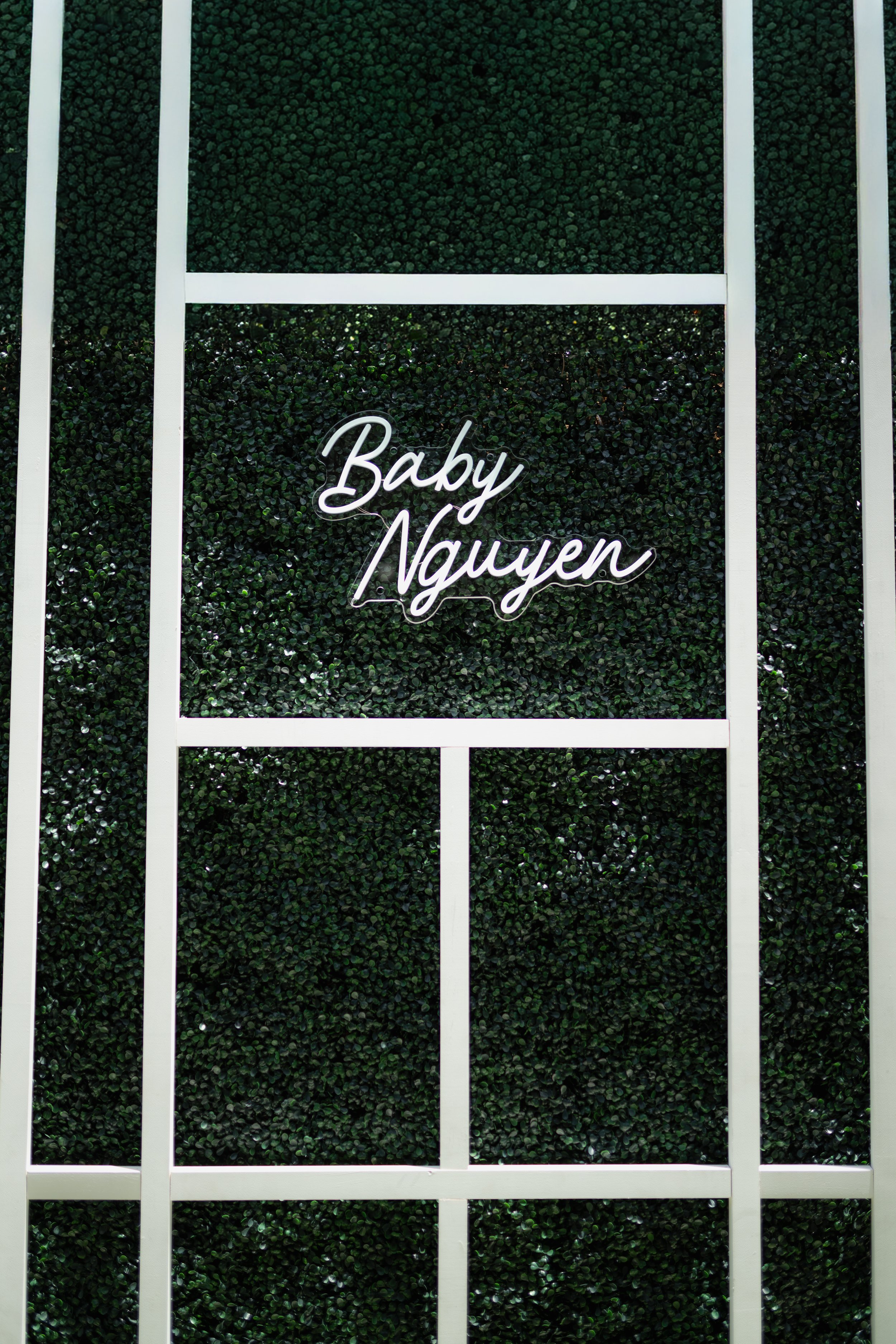 A decorative backdrop featuring a green leafy wall with white metal framing. In the center, there is a neon sign that reads 'Baby Nguyen' in cursive font.