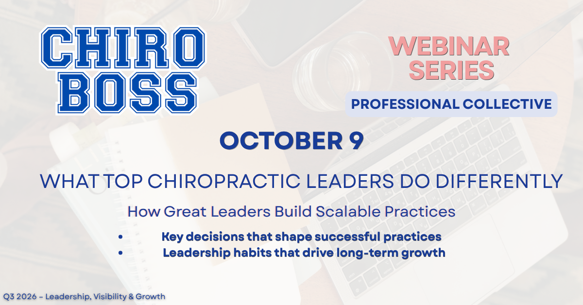       
  
     Lessons From Chiropractic Business Leadership     October 9, 2026        1:00 PM CST    Running a successful chiropractic business requires more than clinical expertise. This session shares real lessons from experienced leaders in the 