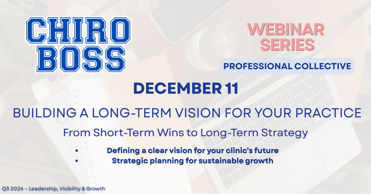       
  
     Vision Planning &amp; Strategic Growth     December 11, 2026        1:00 PM CST    Sustainable growth requires clear vision and intentional planning. In this webinar, we break down how to set strategic direction for your clinic and ali