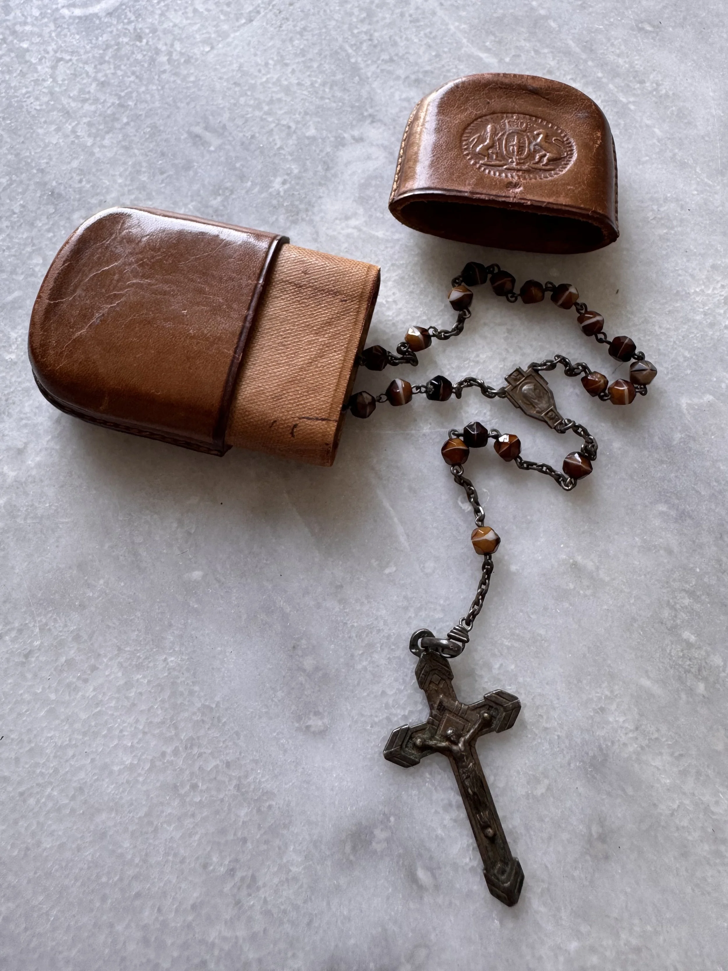 Amber Vigil Rosary & Leather Pilgrim's Case