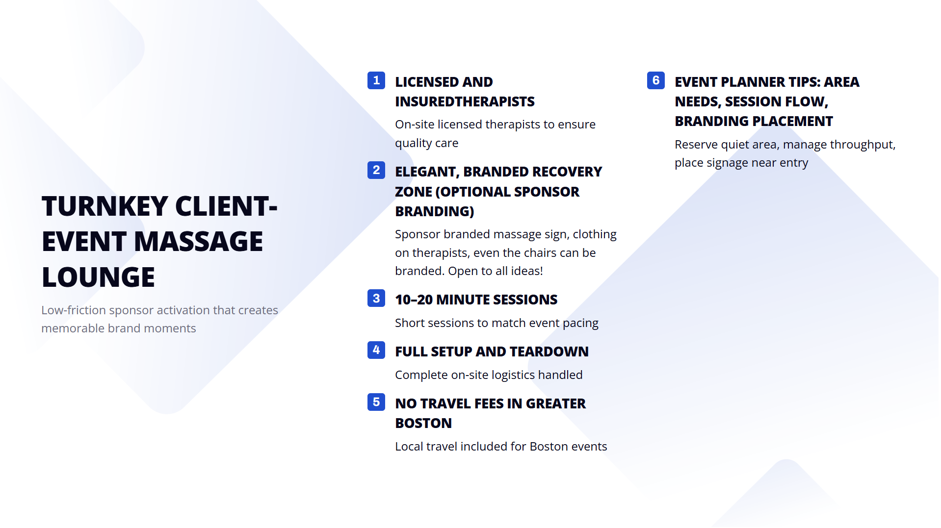 Boston Pops Chair Massage for corporate client events: licensed therapists, turnkey branded lounge, 10–20 min sessions, full setup/teardown, no travel fees in Greater Boston. Create memorable sponsor moments.