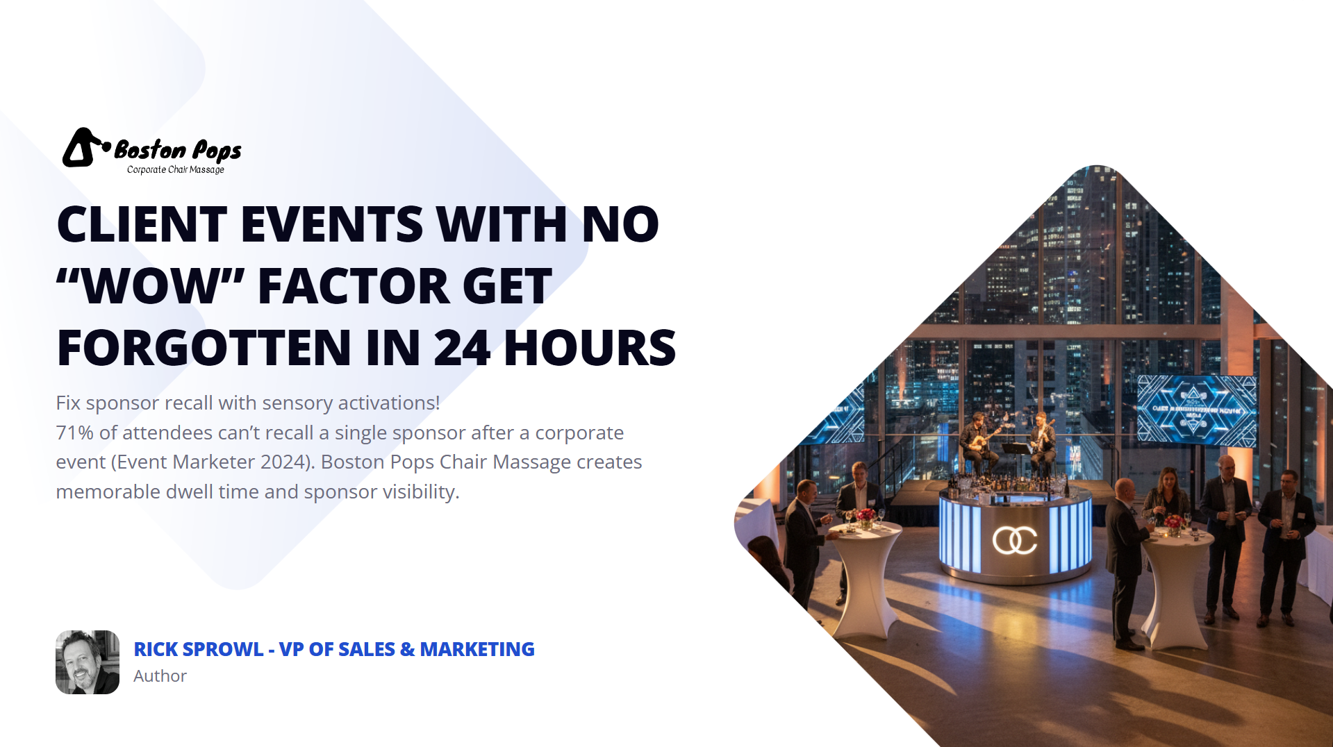 Boston Pops Corporate Chair Massage: Client events without wow get forgotten fast. 71% can't recall a sponsor (Event Marketer 2024). On-site massage creates memorable dwell time & sponsor visibility.