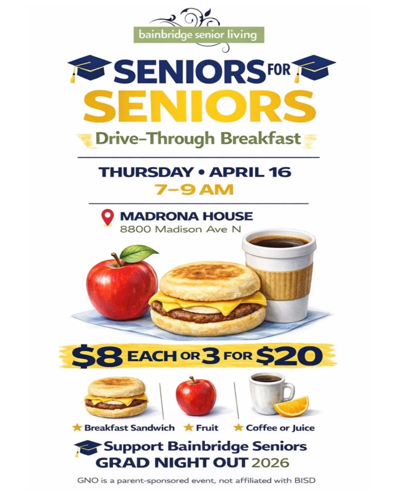 Join @bainbridgeseniorliving Thursday, April 16th from 7AM - 9AM and drive through Madrona House as they come together to raise funds in support of our amazing 2026 seniors and their Grad Night Out! Your support helps create a safe, fun, and unforget