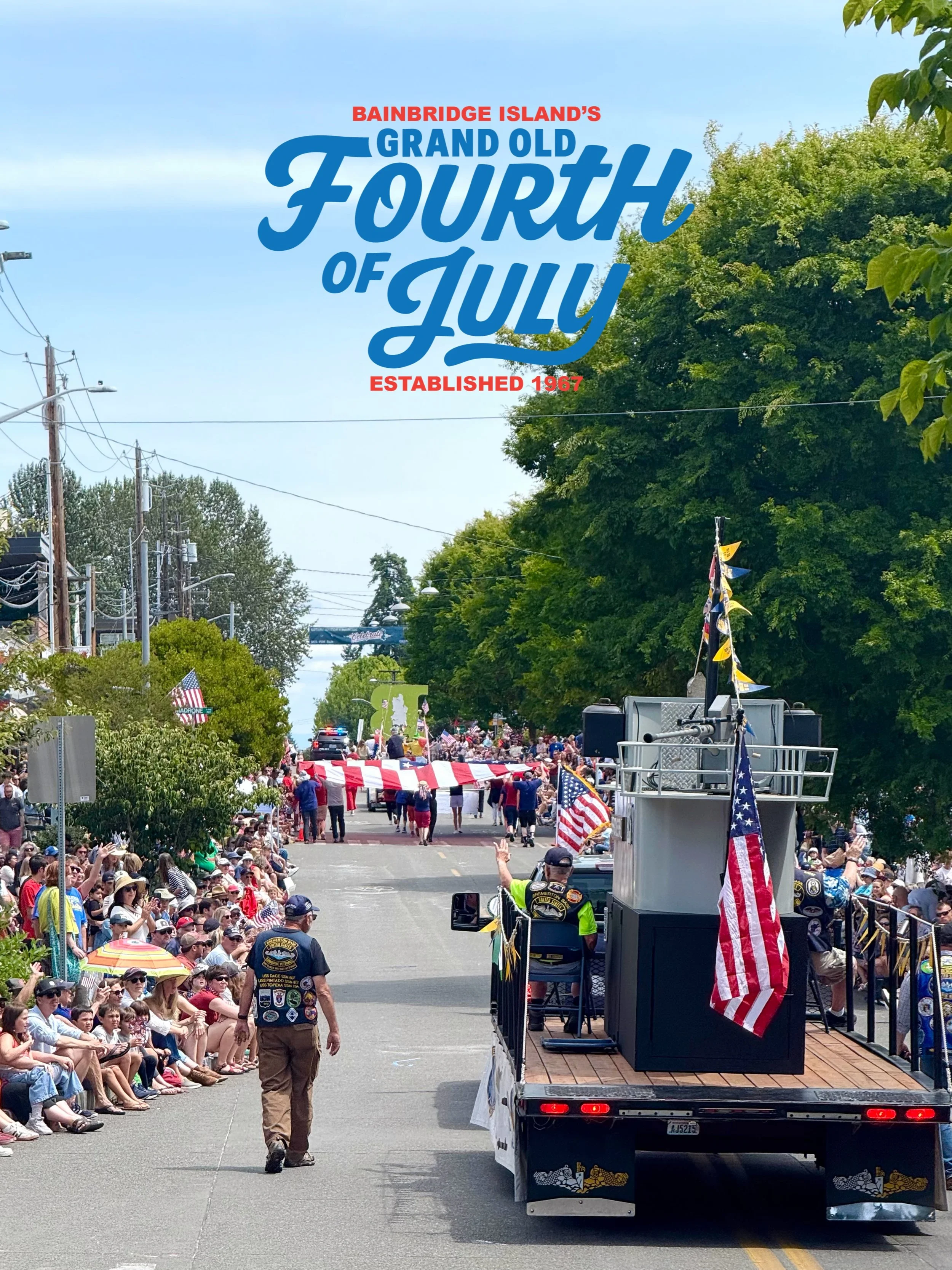 Want to be IN the parade? Registration ends June 12th! The Parade route is about a 1-mile walk down Madison Ave and Winslow Way, with the finish line just shy of the Bainbridge Chamber. Entries are staged on Wallace Way and Erickson Ave. The main sho