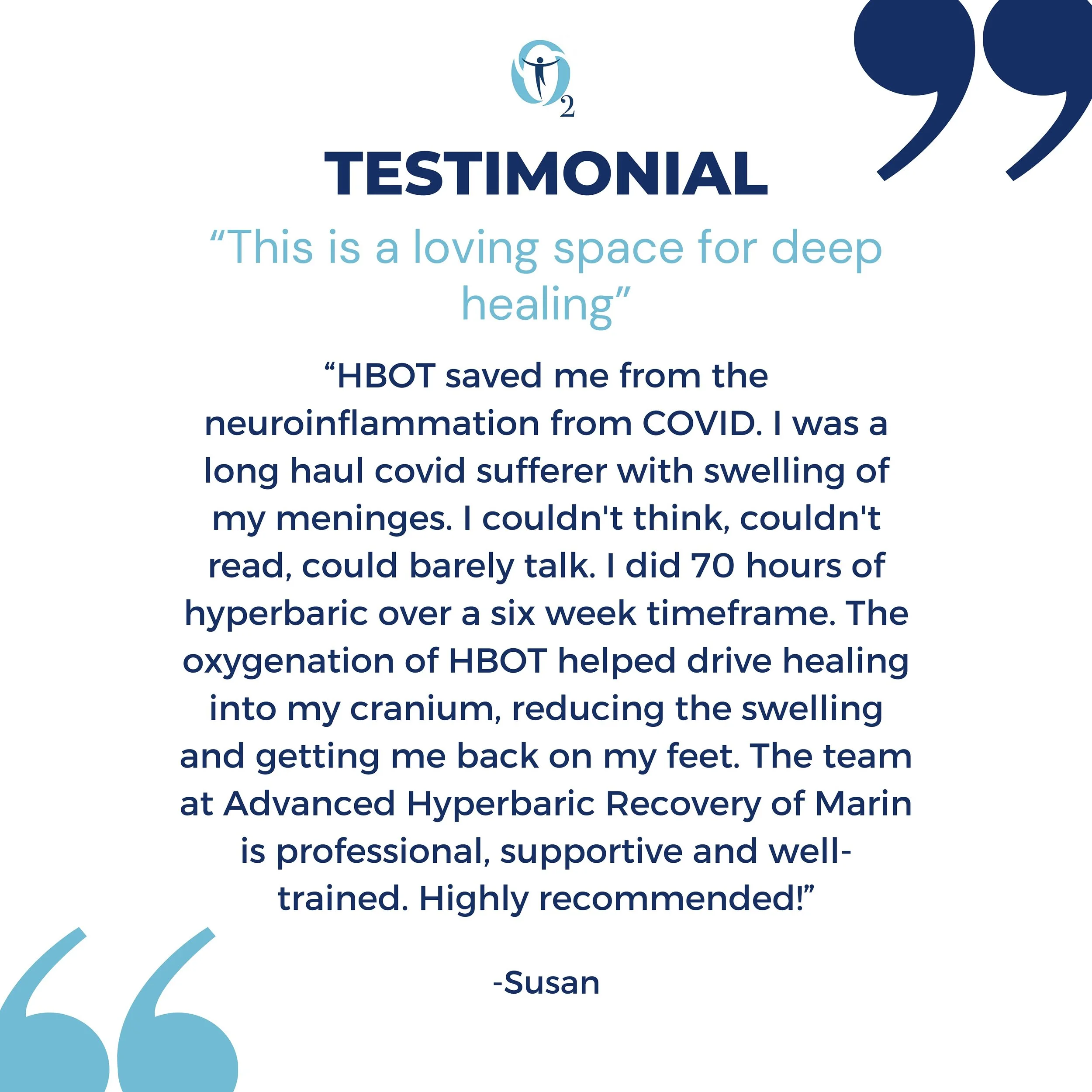 Thank you Susan for sharing your story! 

Emerging clinical research supports HBOT as a highly effective tool for the treatment of Long COVID/post viral  symptoms. Our website features these and more. Investigate today!

#hbot #hyperbaricoxygentherap