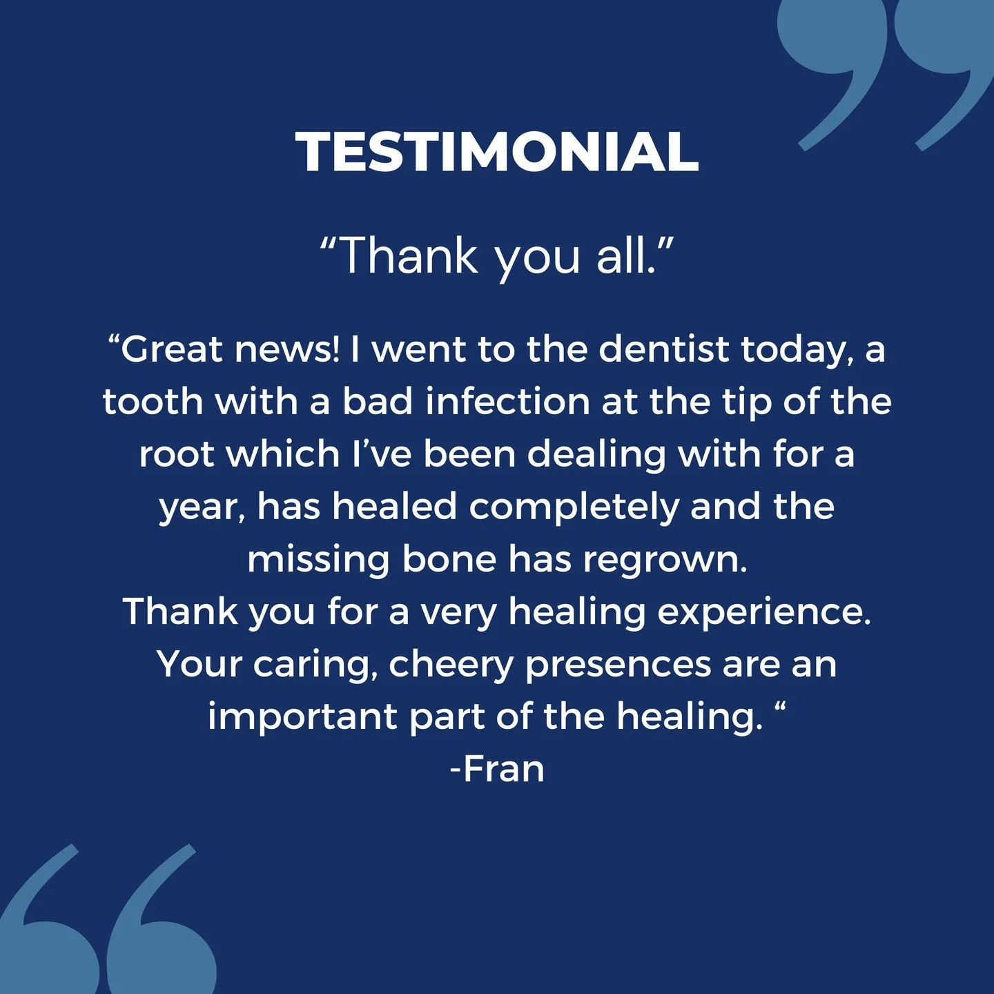 Thank you Fran for sharing your great news! 🦷

HBOT plays an invaluable role in resolving complex dental issues. Some even qualify our patients for insurance covered treatment. 

Inquire with our team today to find out how hyperbaric oxygen therapy 