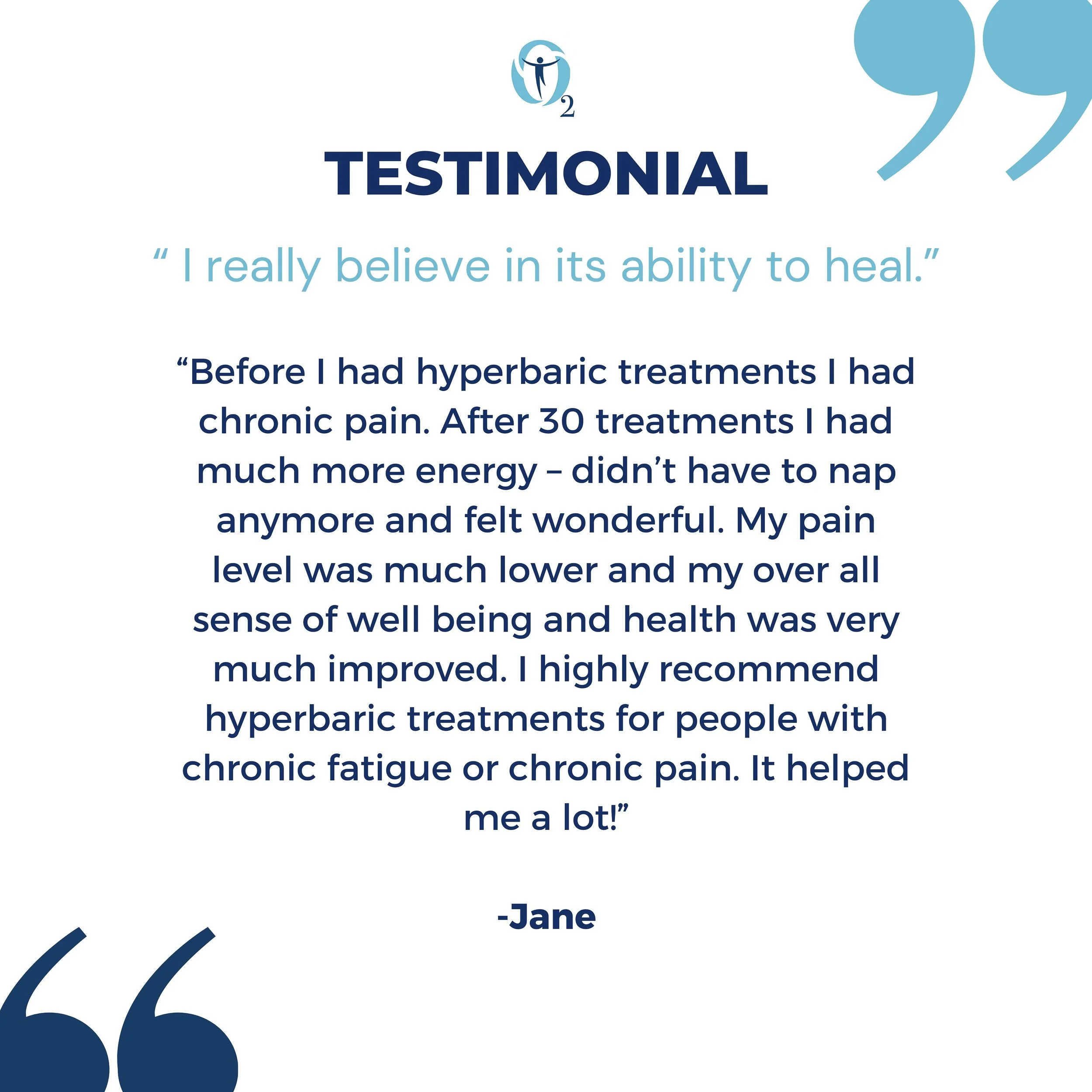 Thank you Jane for sharing your experience! 🙏

We hope your testimonial can serve as a source of encouragement for anyone struggling from chronic conditions that recovery is possible. 💙

#HBOT #hyperbaricoxygentherapy #oxygen #chronicfatigue #chron