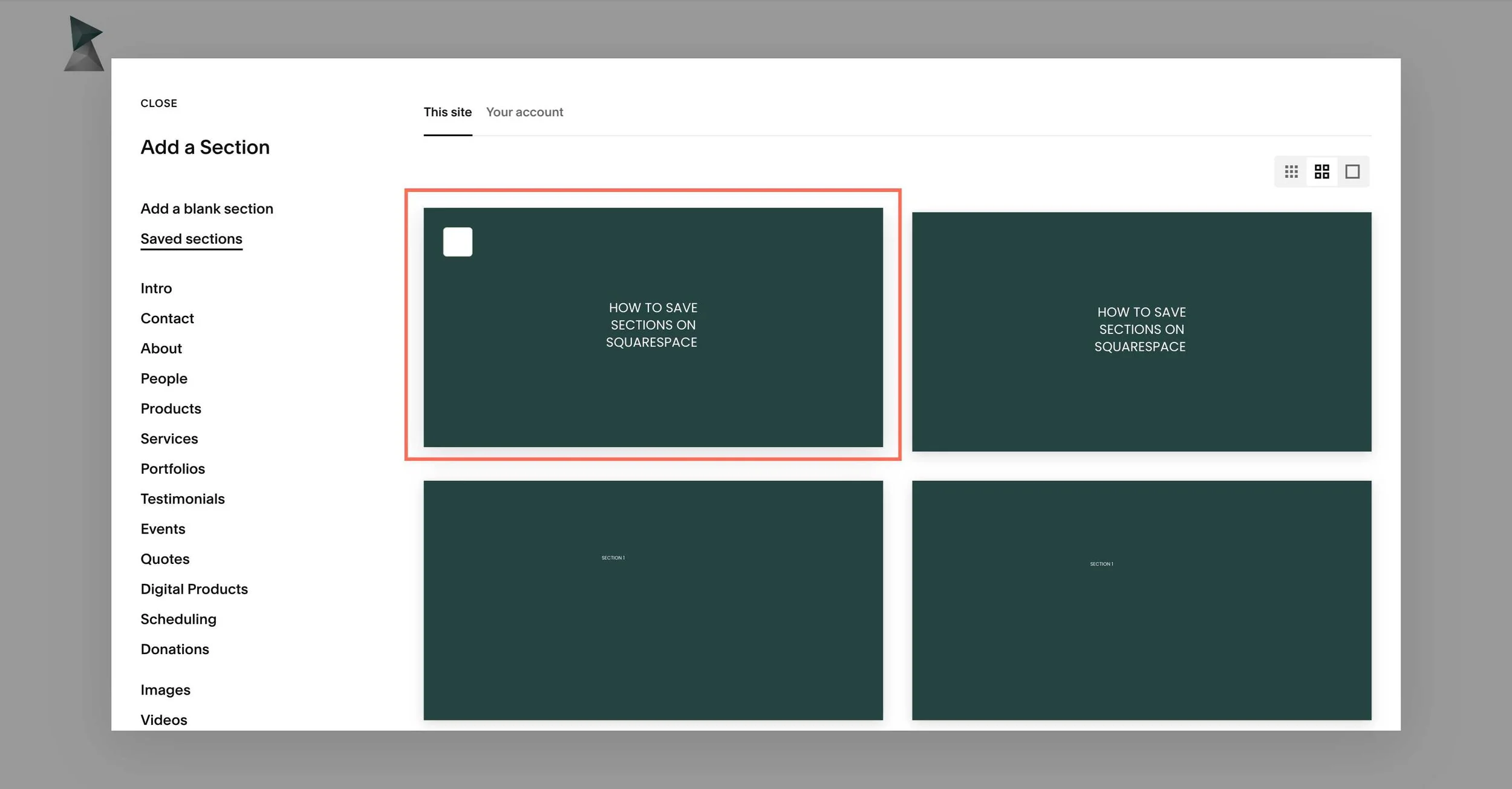 Image showing how to add saved sections on Squarespace