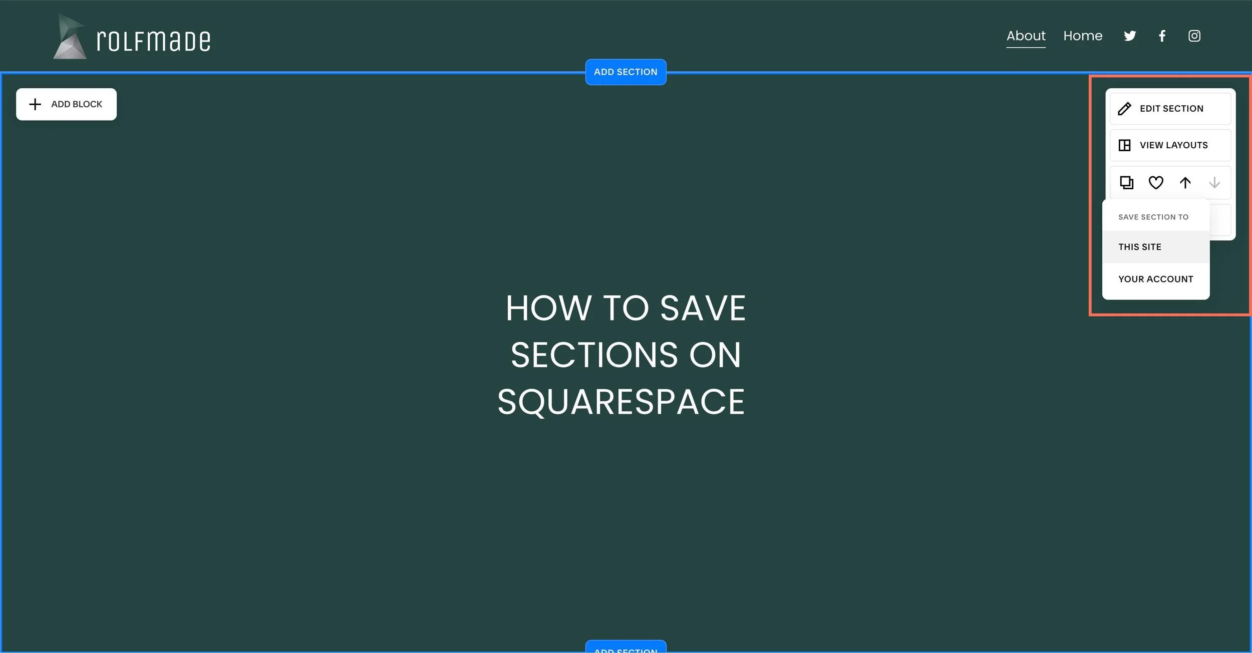 Image showing the saving sections ability on Squarespace