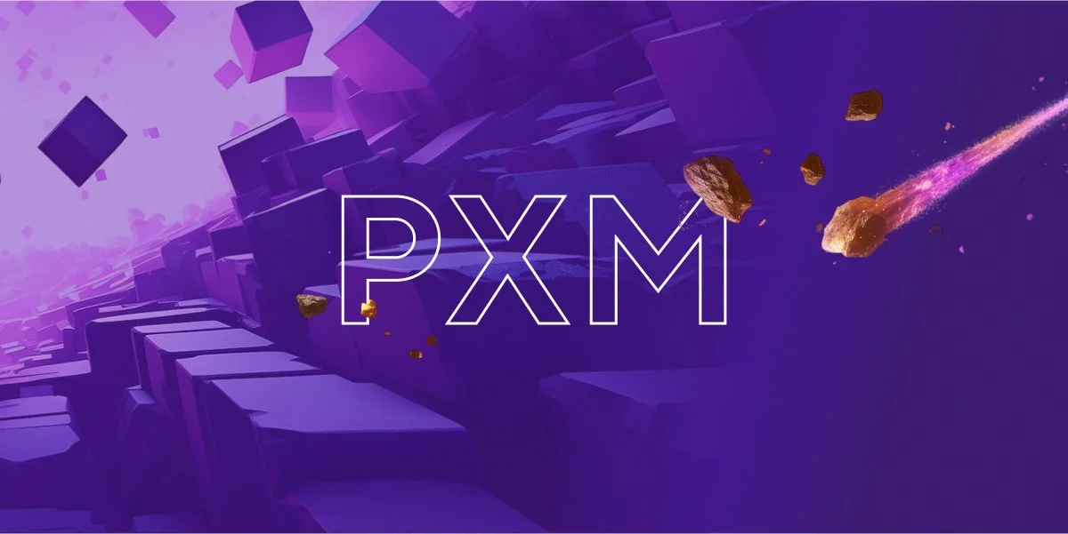 PXM (Product Experience Management) konseptillustrasjon med futuristisk digitalt landskap og 3D-elementer som symboliserer datastyring og produktopplevelse
