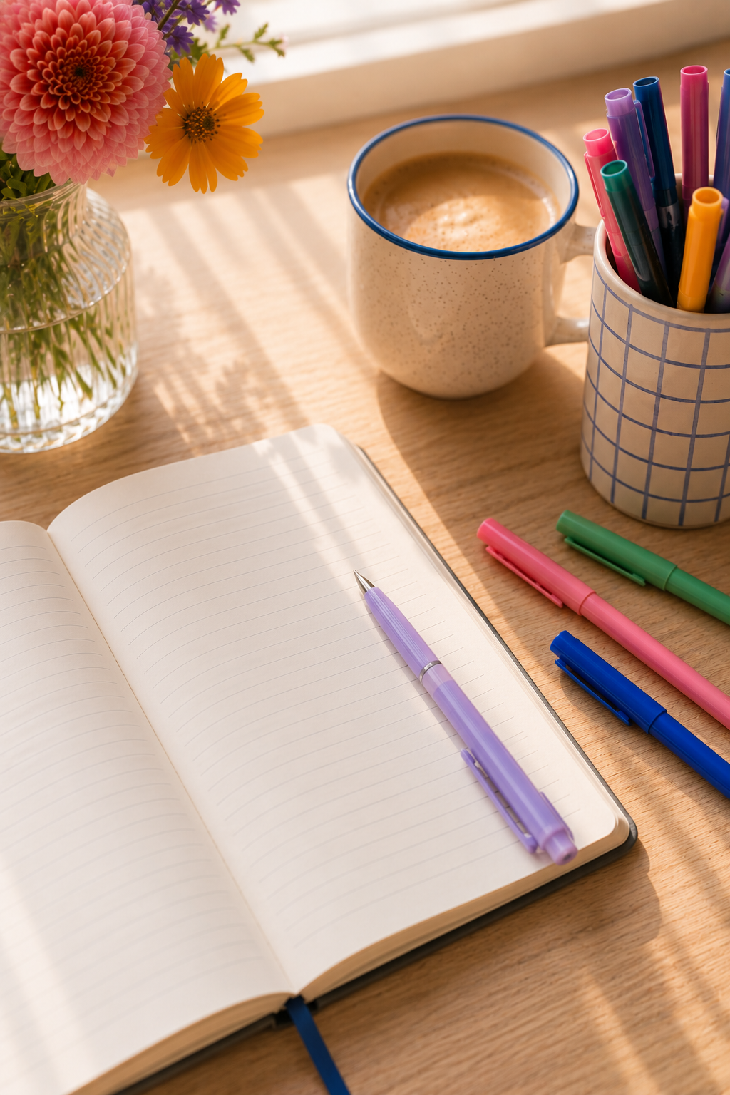 Offenes Notizbuch mit lila Kugelschreiber, bunte Filzstifte in einem blauen Becher, Kaffee, Blumen im Glas, Sonnenlicht auf Holzschreibtisch.