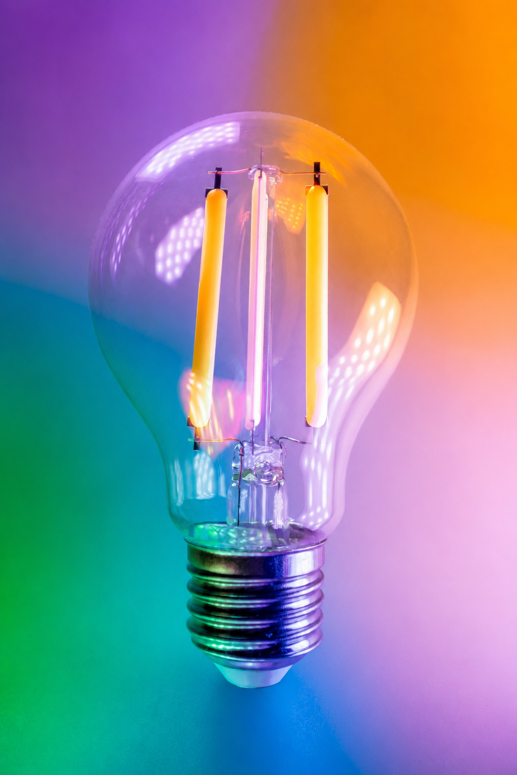 Glühbirne mit LED-Technologie in bunten Farbstrahlen