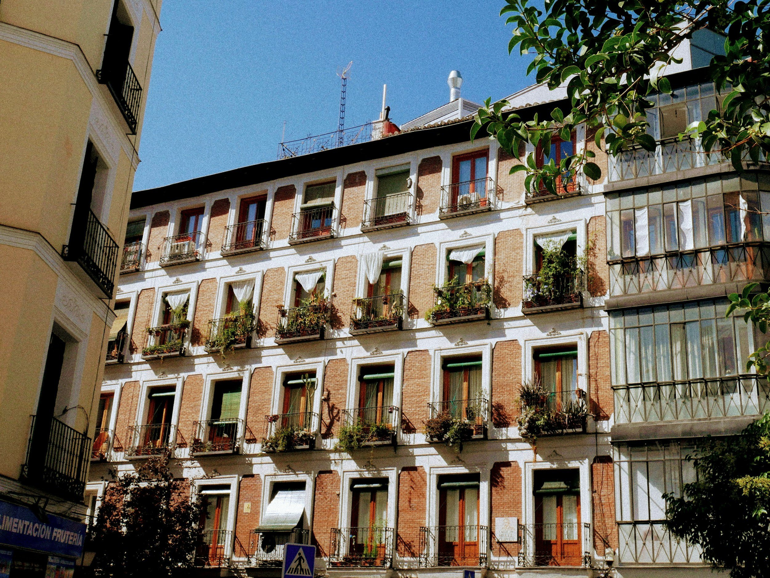 A multi-story residential building with white walls, brick accents around the windows, and small balconies with plants and curtains. The building is under a clear blue sky with some green leaves in the top right corner.
