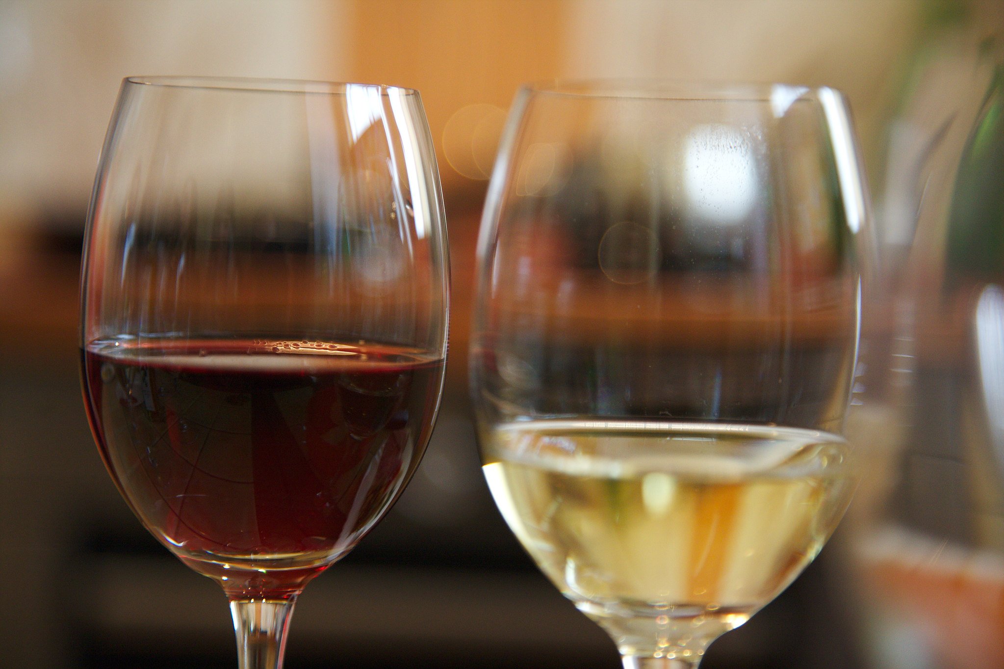 Two wine glasses filled with red wine and white wine, placed on a surface with a blurred background.