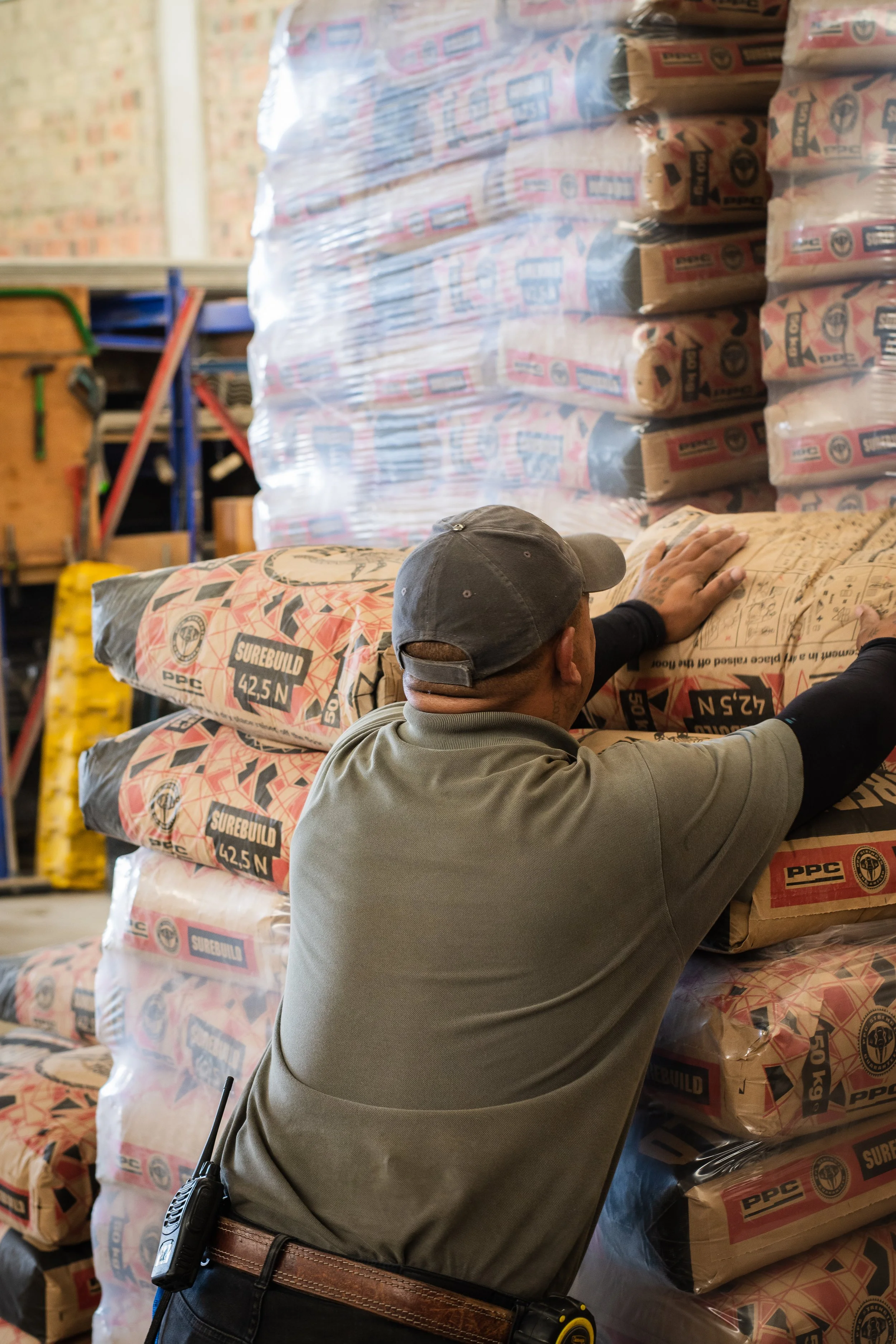 Worker stacking bags of cement in a warehouse