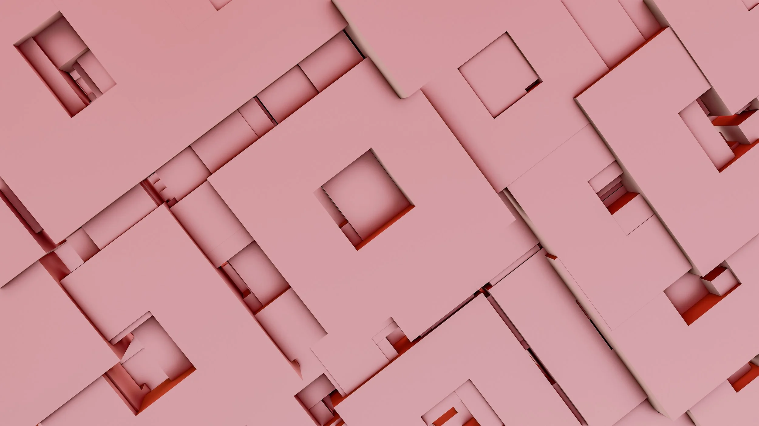 Abstract geometric pattern of pink rectangular blocks and cutouts with shadows.