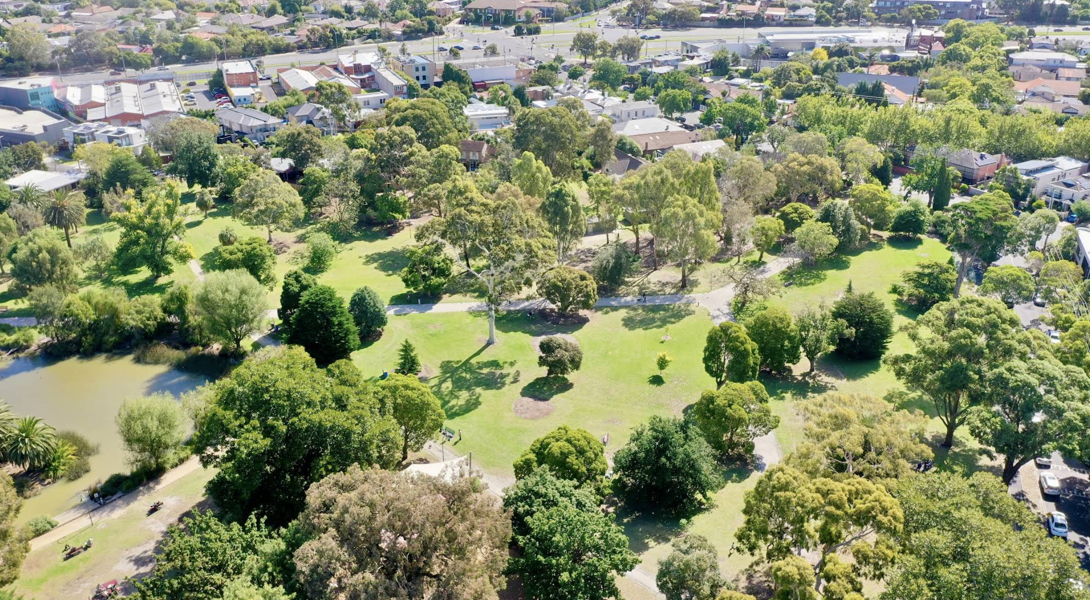 Aerial view of Landcox Park in Brighton East, Melbourne with lush green trees, walking paths, and a pond, surrounded by residential houses and streets.