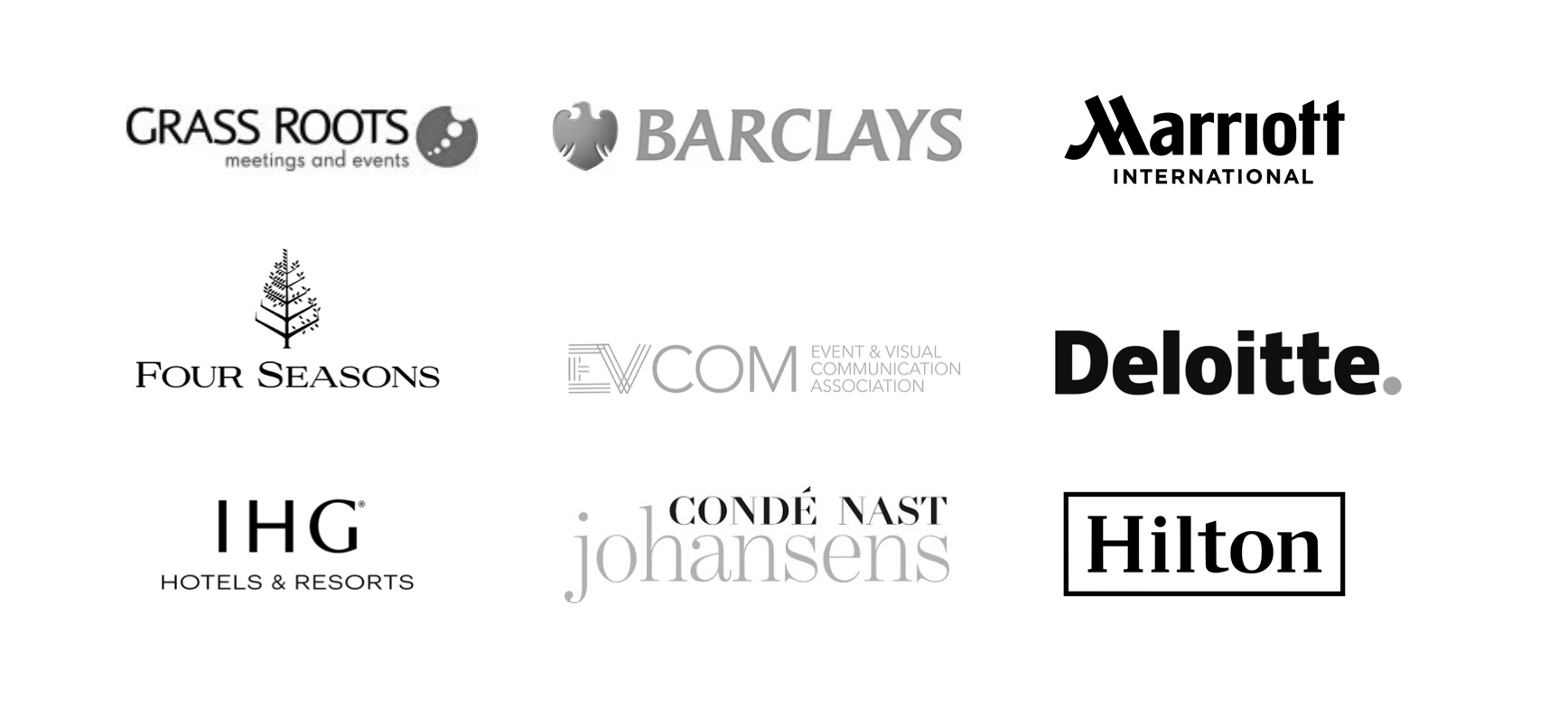 Collection of company logos including Grass Roots, Barclays, Marriott International, Four Seasons, EVCOM, Deloitte, IHG Hotels & Resorts, Conde Nast Johansens, and Hilton.