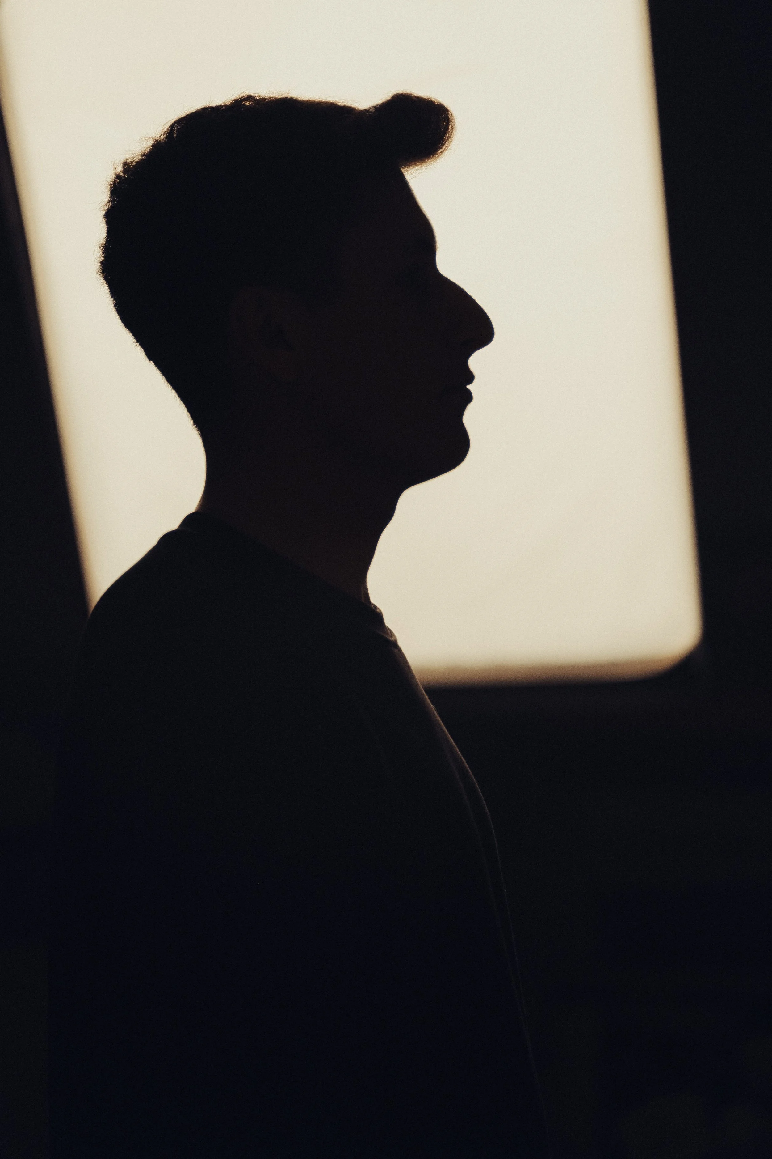 Silhouette of a person's profile against a bright, backlit background, with a shadowed face and hair visible.