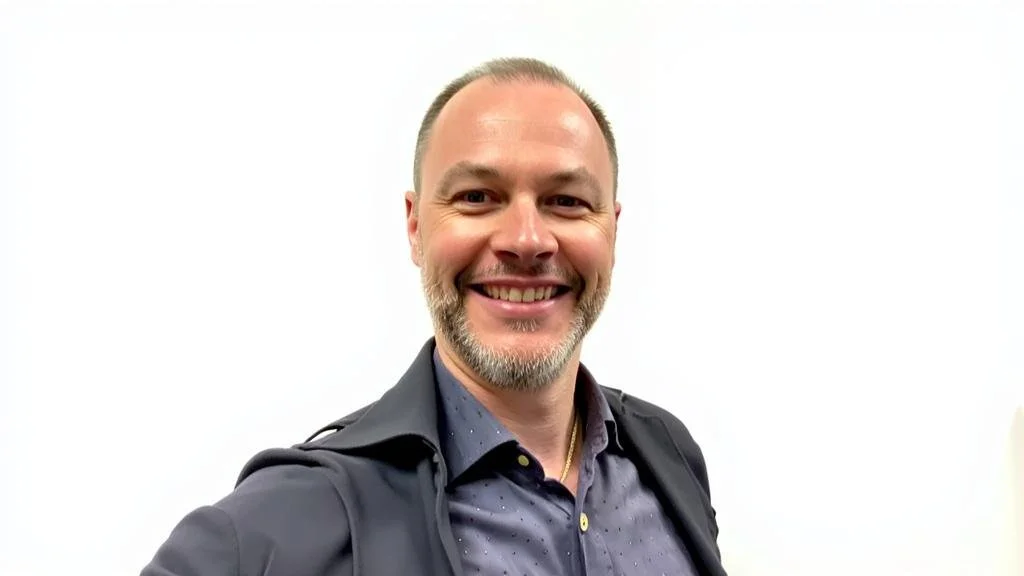 Smiling man with a beard wearing a dark jacket and a navy blue shirt standing against a plain white background.