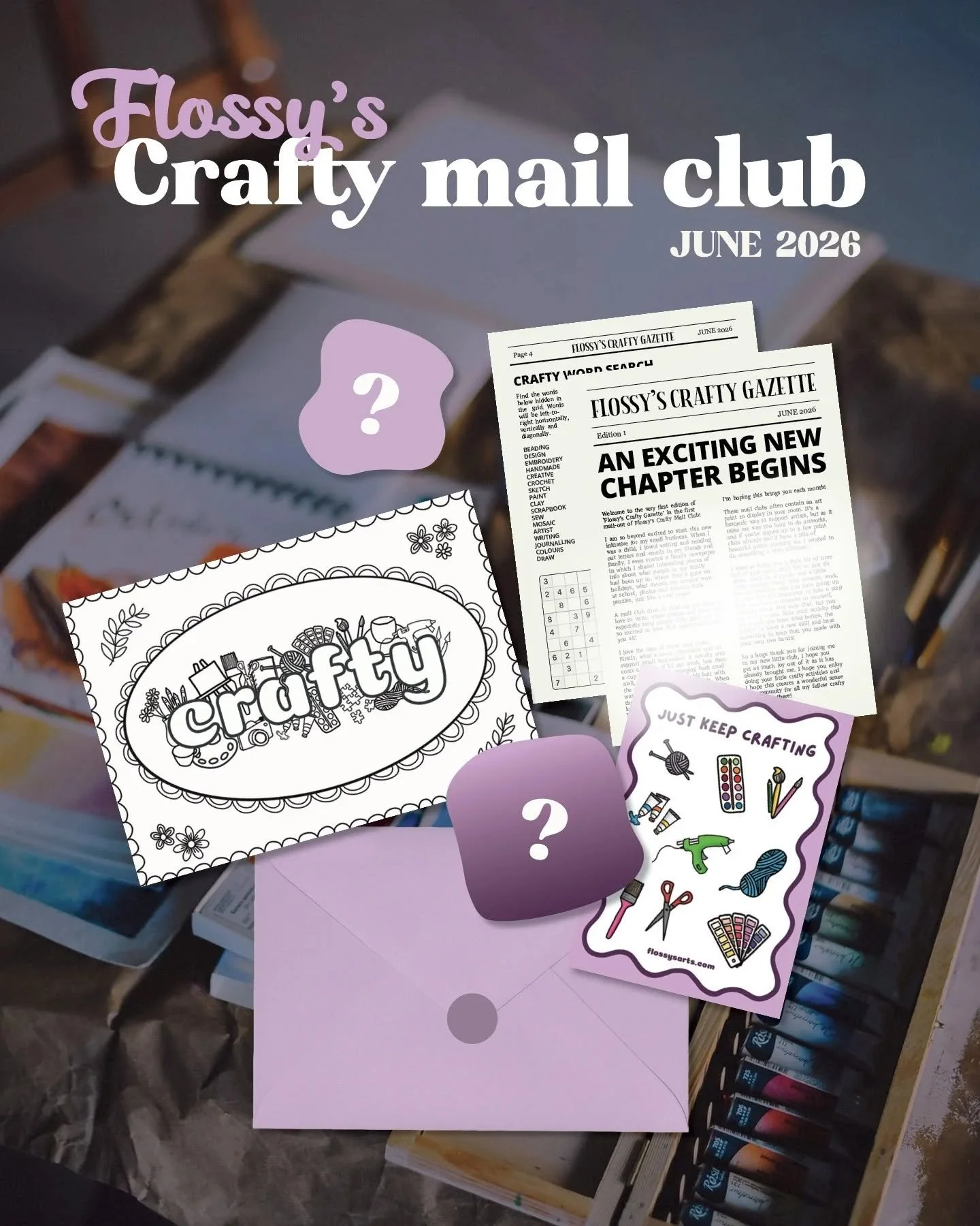 It's heeeeere!! 💌 
Flossy's crafty mail club is now open! 🎉

The first theme of my club just had to be 'craft'. It sums up what this whole mail club is all about and who it's for - people who love to craft! 🎨 

June's mail will include:
1 x crafty