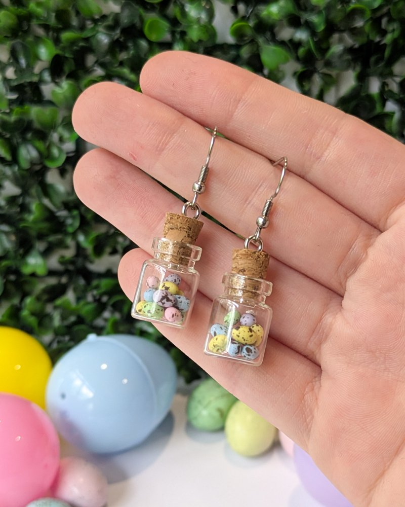 Mini speckled egg bottle earrings