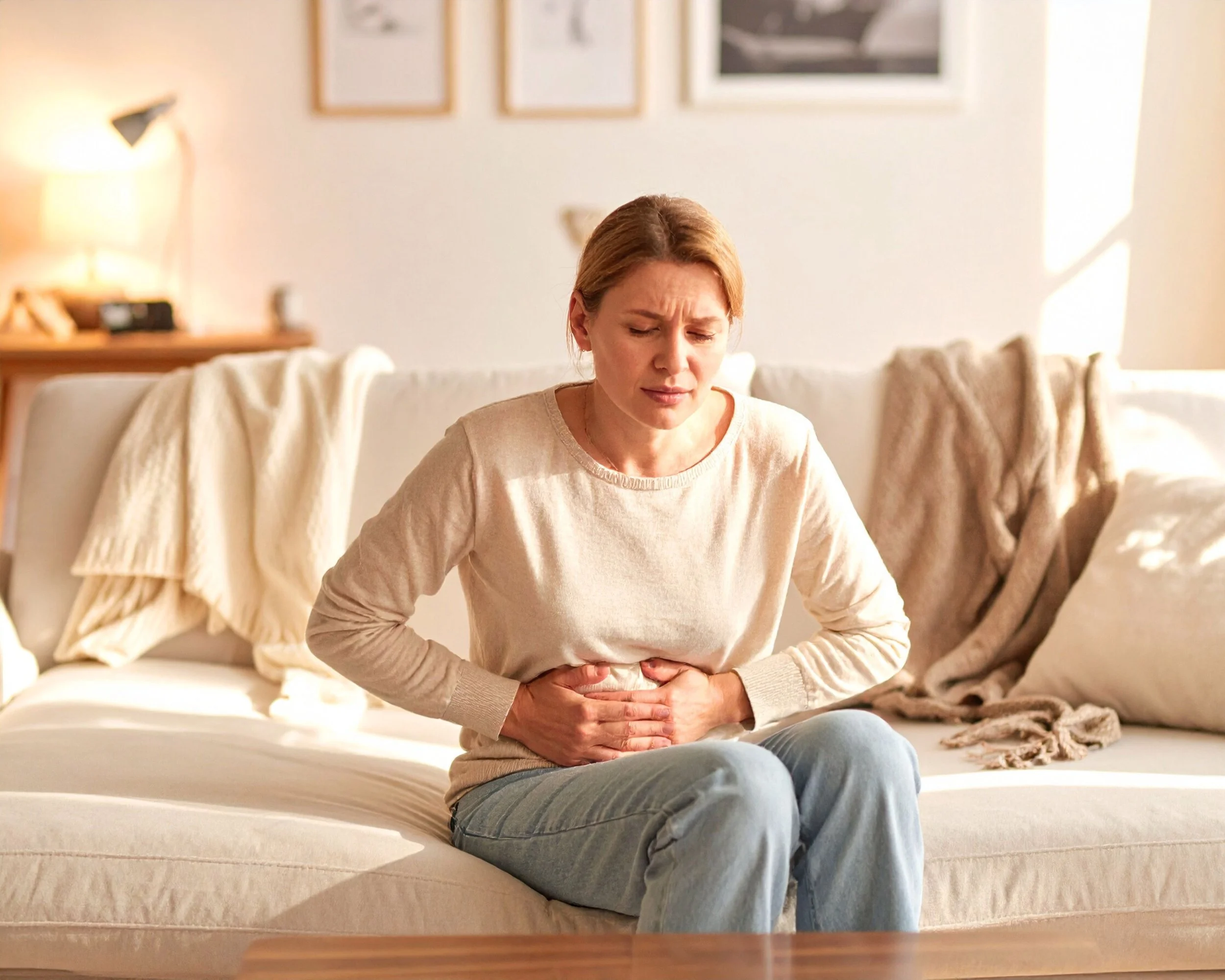 Frau sitzt auf einem Sofa, hält sich den Magen und sieht unwohl aus.