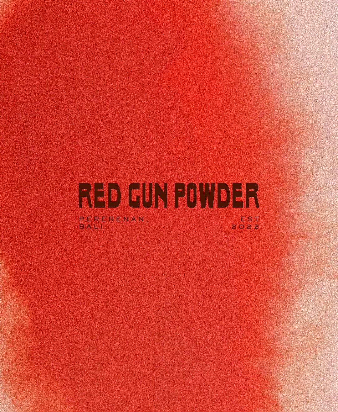 Cover of a product or packaging labeled 'Red Gun Powder' with text indicating it is from Perenan, Bali, established in 2022, on a red textured background.