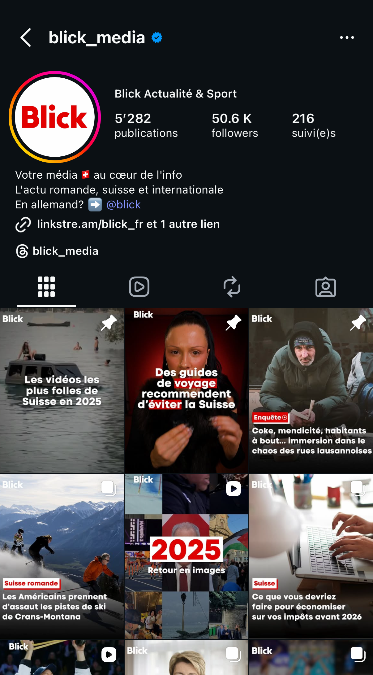 Capture d'écran de la page Instagram de Blick media, une plateforme d'information sur la Suisse, avec plusieurs vidéos et articles liés à la Suisse en 2025, sports, voyages, et actualités sociales.