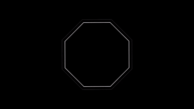 Un signe de circulation octogonal blanc avec un contour double, sur un fond noir.