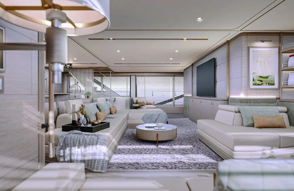 Luxurious living room interior on the 39m Polaris superyacht designed by Oceanteriors – timeless ocean-inspired elegance and sophisticated comfort