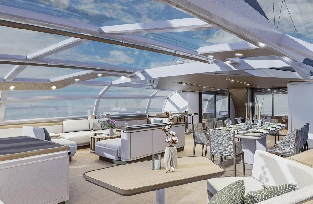 Side view of the luxury living room interior on the 62m Performance Sloop superyacht by Oceanteriors – refined spatial flow and ocean-inspired detailing