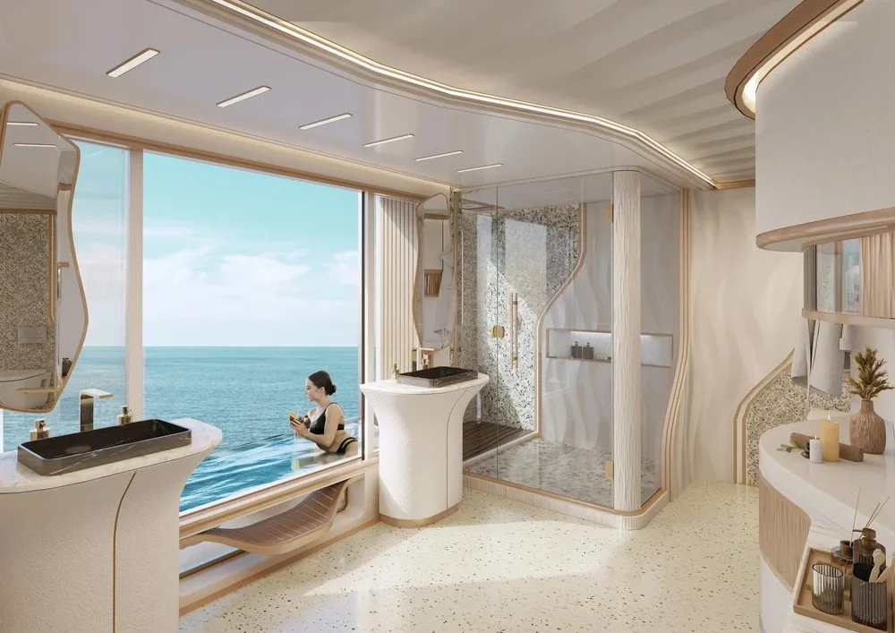 Side view of the luxury bathroom interior on the 68m Samy superyacht designed by Oceanteriors – refined craftsmanship and oceanic inspiration