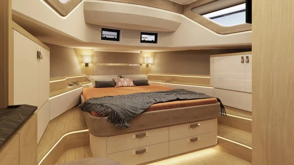 Luxurious bedroom interior on the 14m Level yacht designed by Oceanteriors – compact yet sophisticated ocean-inspired comfort