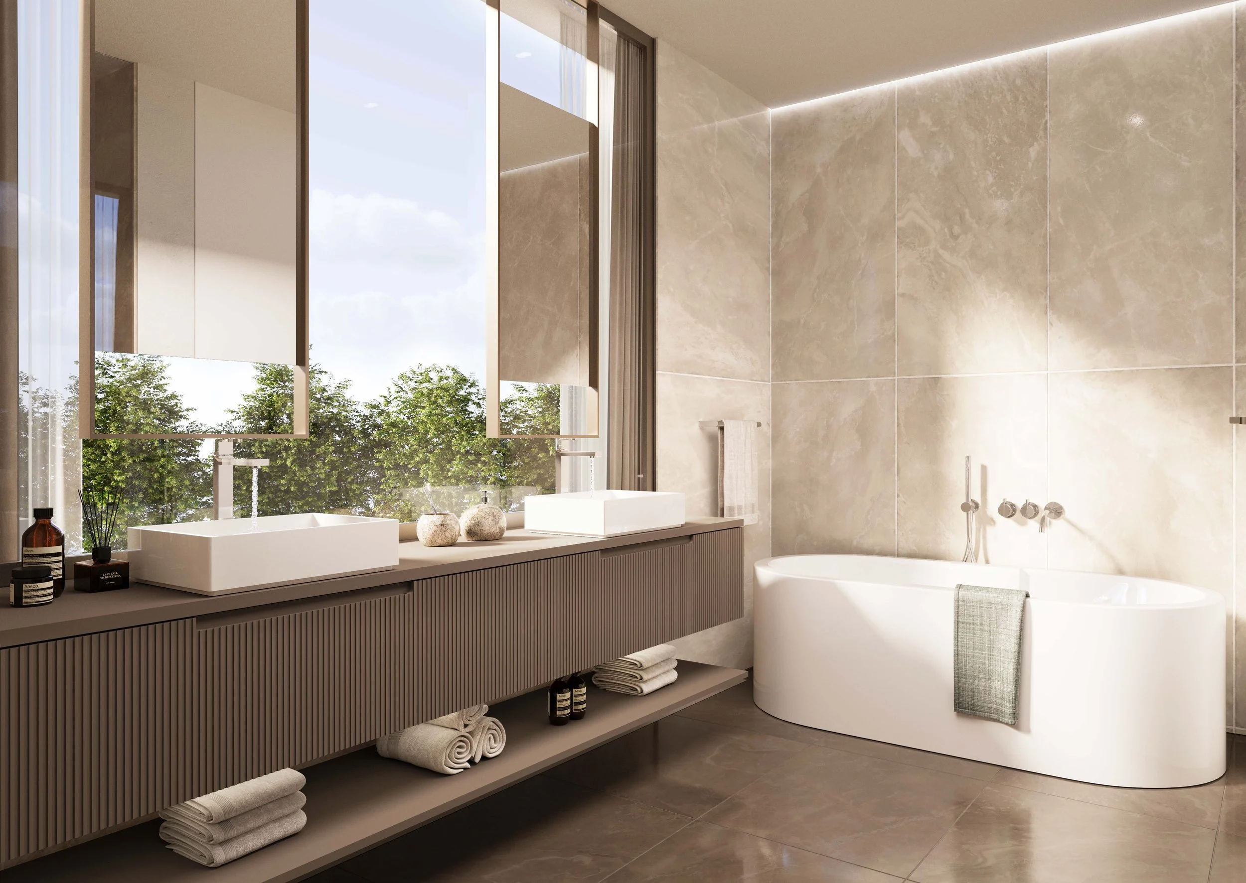 Luxurious master bathroom interior design at Quinta da Bracieira villa in Alcochete by Oceanteriors – elegant ocean-inspired detailing