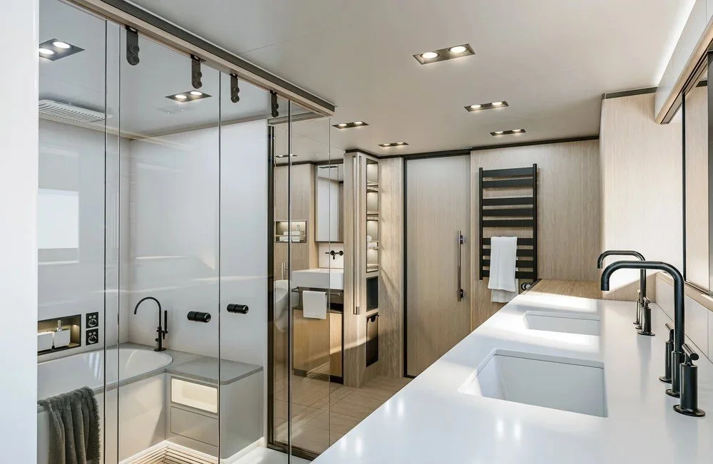 Luxurious bathroom interior on the 62m Performance Sloop superyacht designed by Oceanteriors – refined craftsmanship and oceanic inspiration