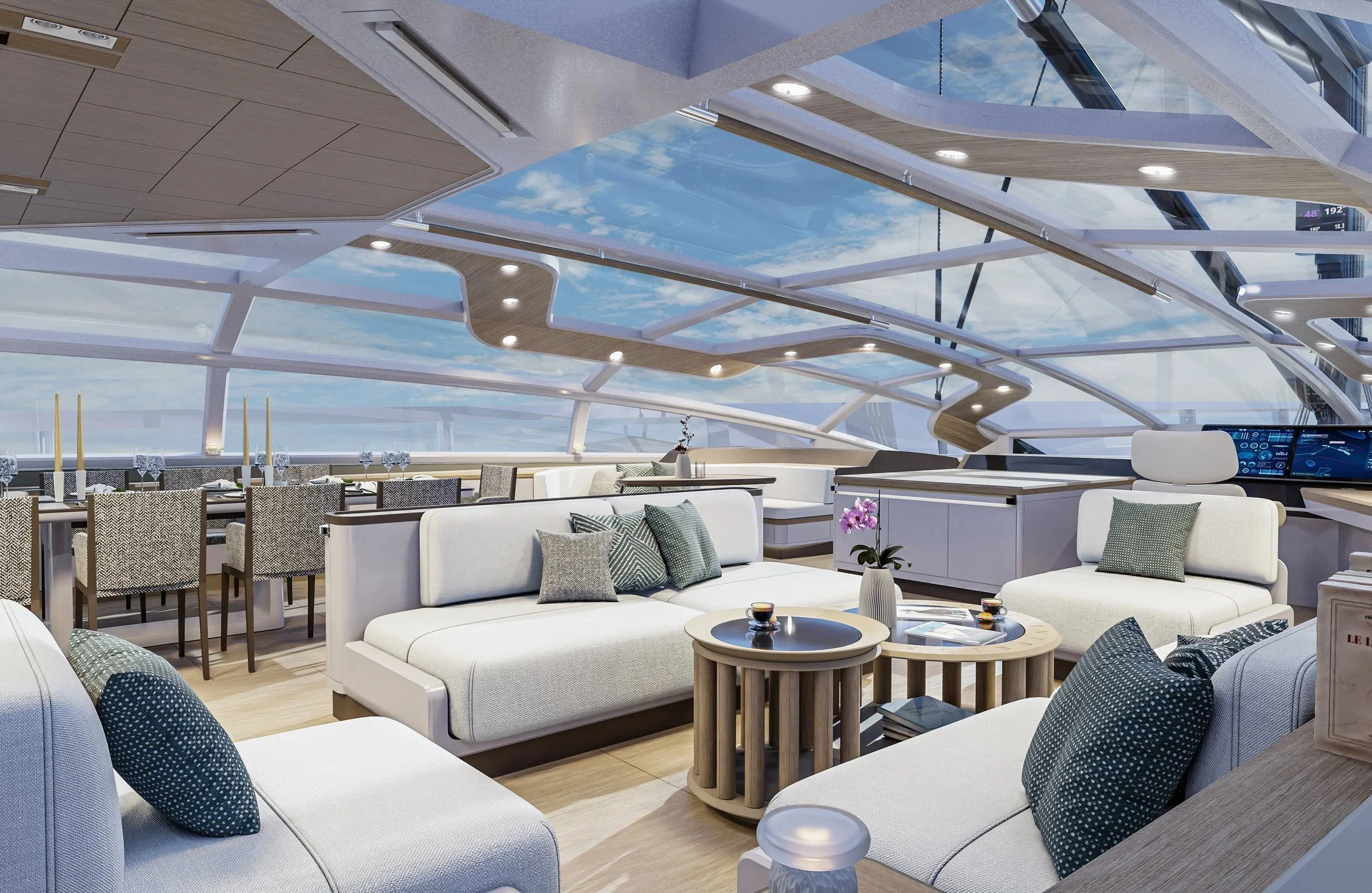 Luxurious living room interior on the 62m Performance Sloop superyacht designed by Oceanteriors – timeless ocean-inspired elegance and sophisticated comfort