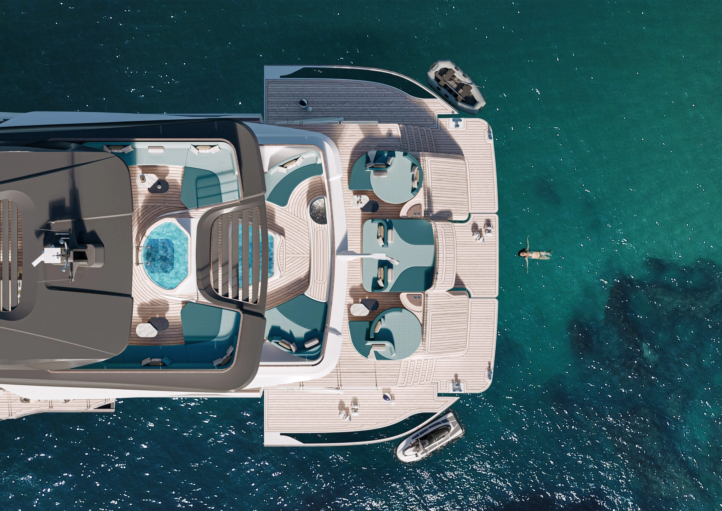 Luxury exterior view of a 39m Power Cat superyacht by Oceanteriors – sleek design inspired by the ocean