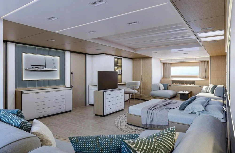 Elegant luxury bedroom interior on the 62m Performance Sloop superyacht designed by Oceanteriors – serene ocean-inspired comfort and exceptional craftsmanship